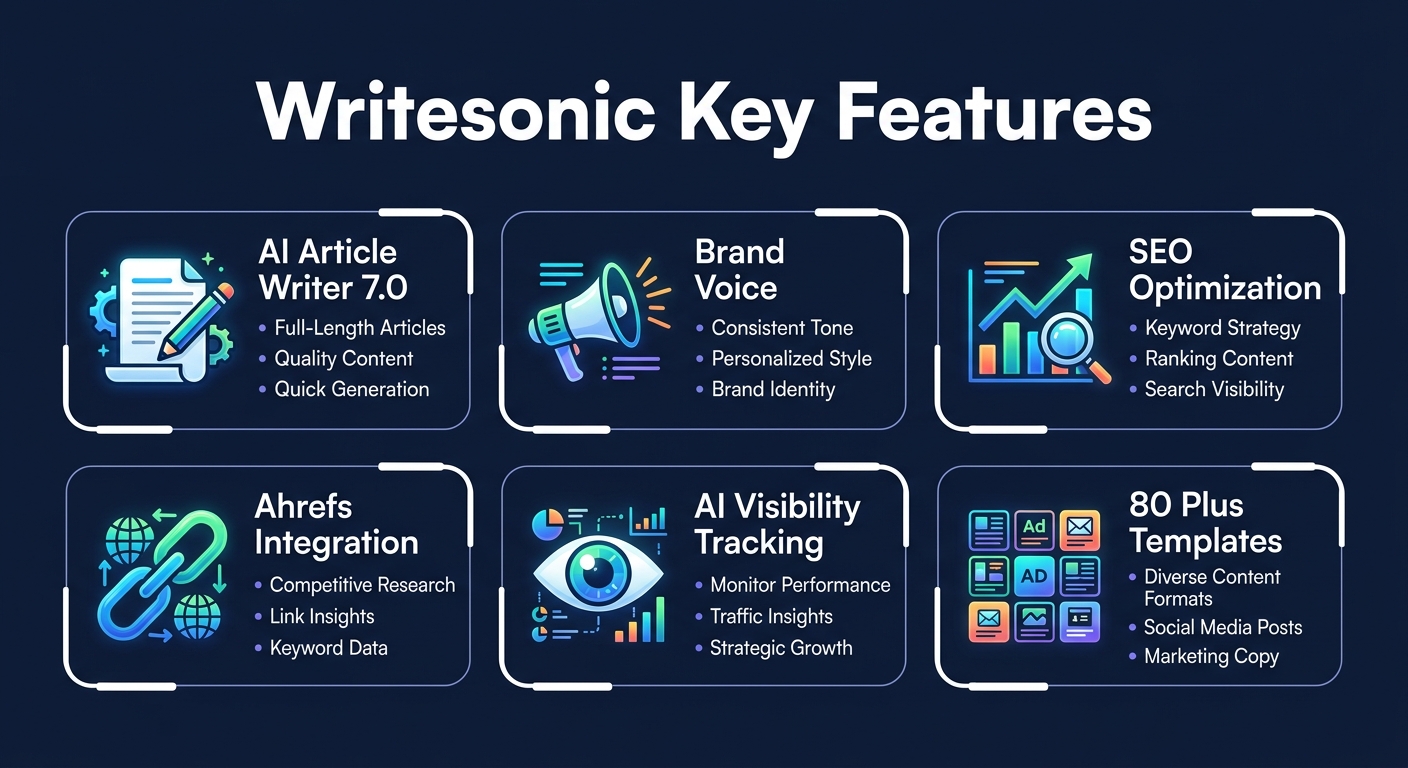 Writesonic key features infographic showing AI Article Writer 7.0, Brand Voice, SEO Optimization, Ahrefs Integration, AI Visibility Tracking, and 80+ Templates