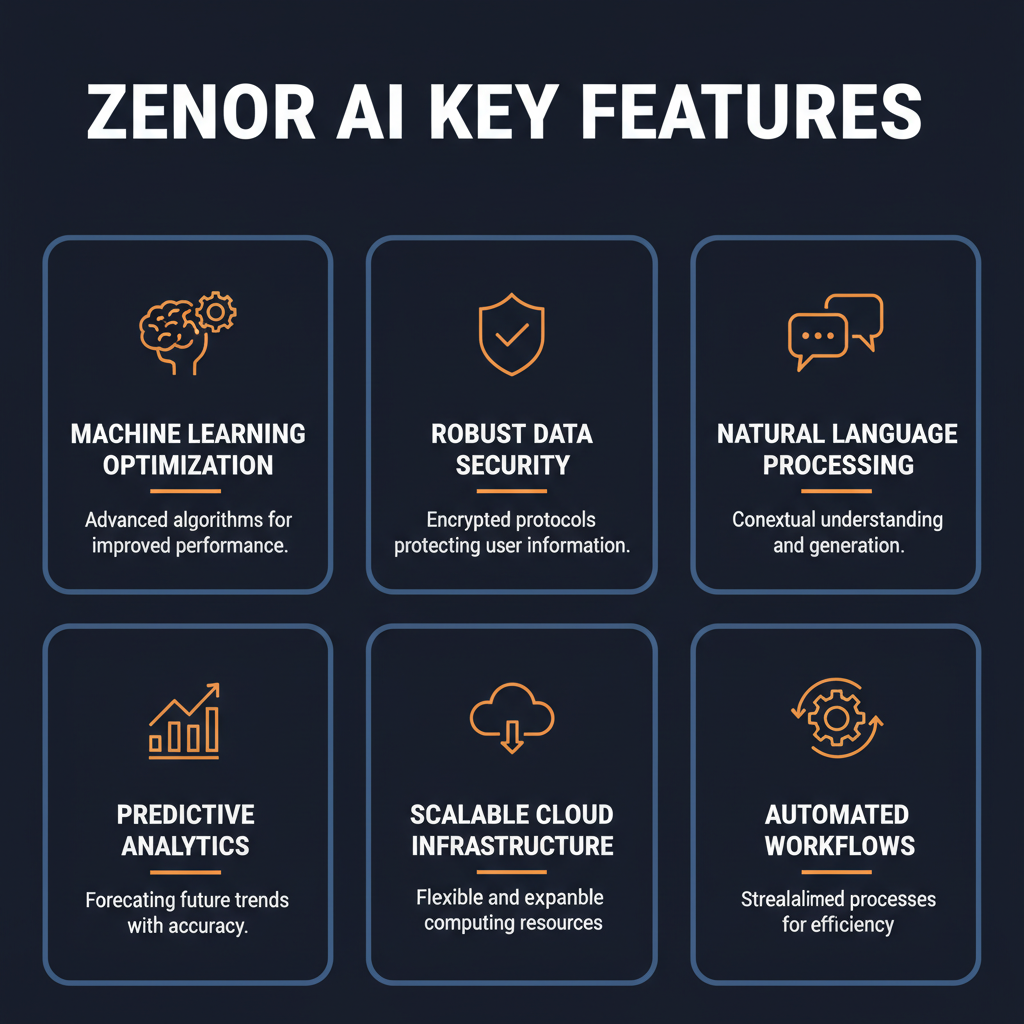 Zenor AI key features infographic showing main capabilities