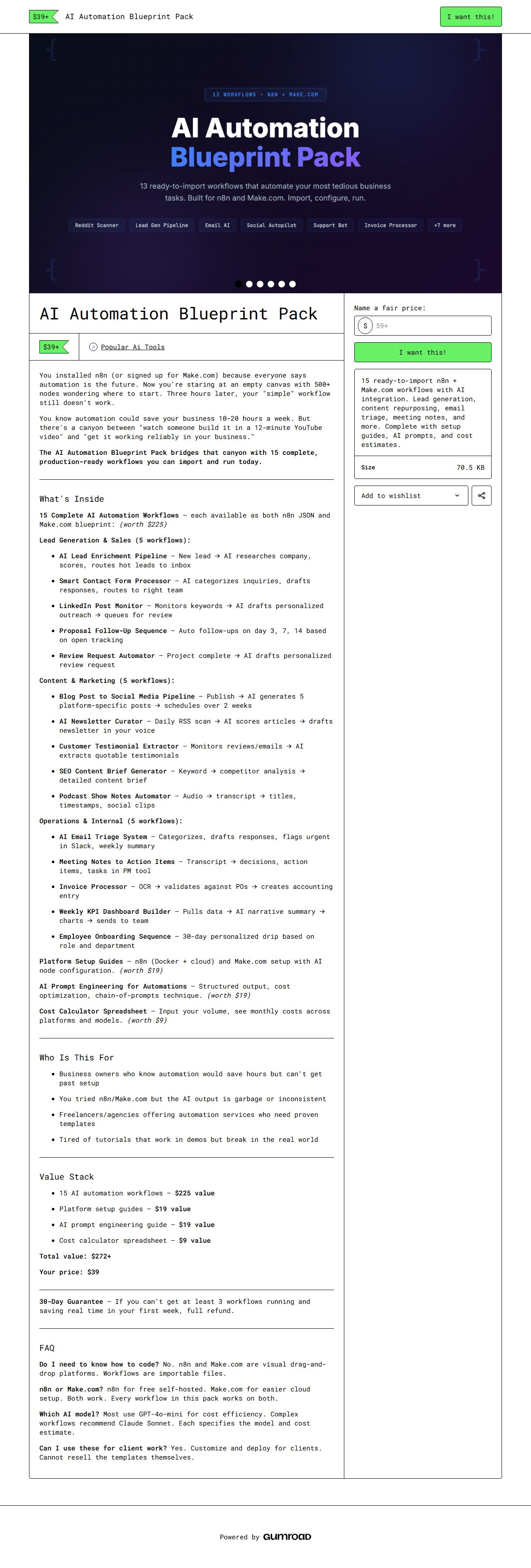 AI Automation Blueprint Pack — full Gumroad product page