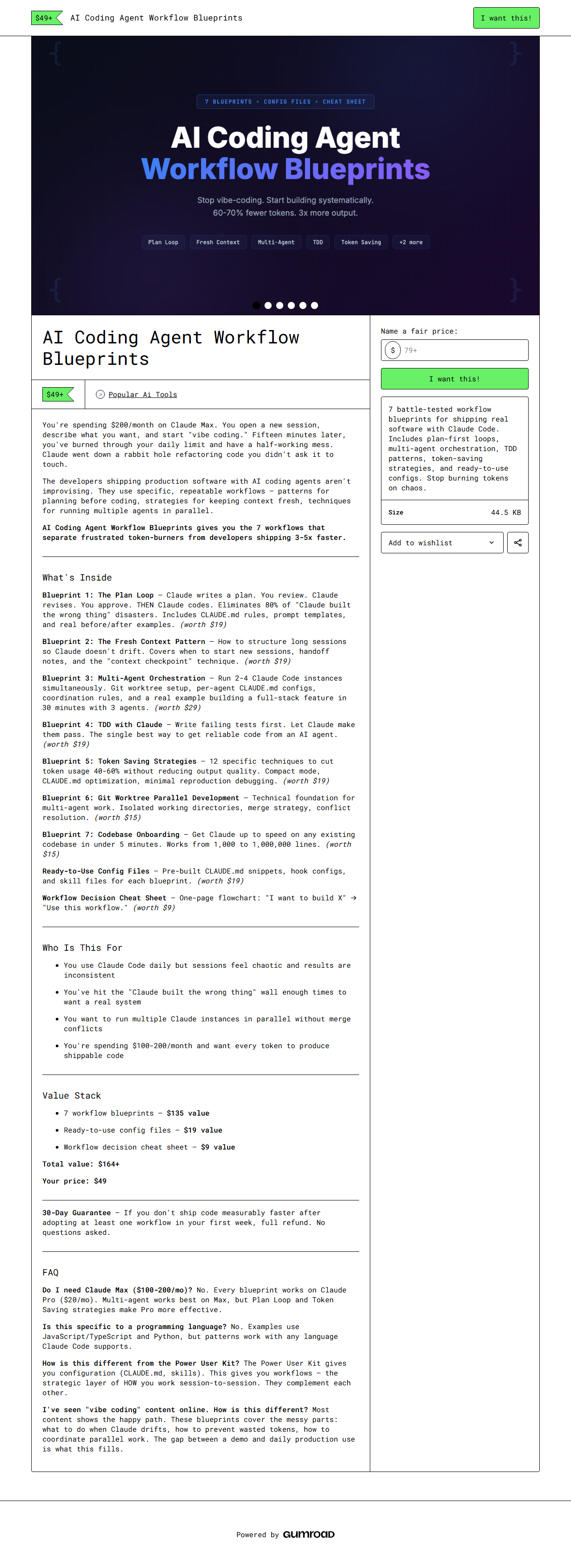 AI Coding Agent Blueprints — full Gumroad product page