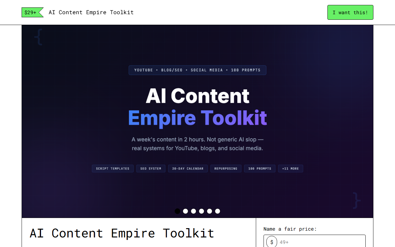 AI Content Empire Toolkit — Gumroad product page