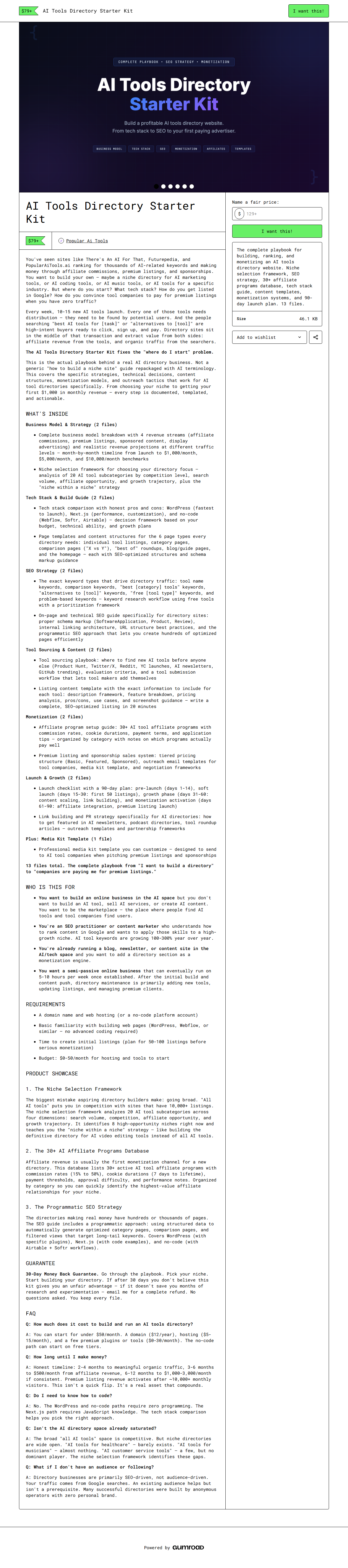 AI Tools Directory Starter Kit — full Gumroad product page