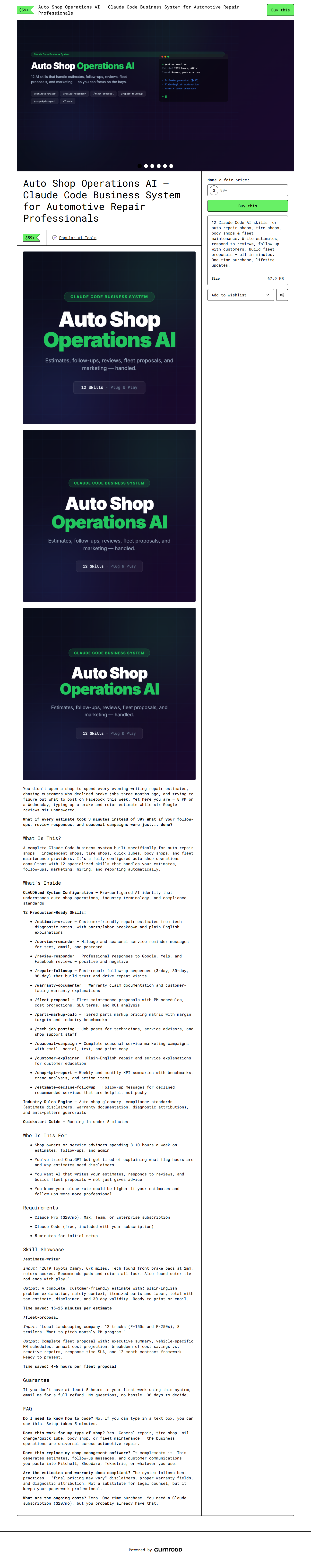 Auto Shop Operations AI — full Gumroad product page