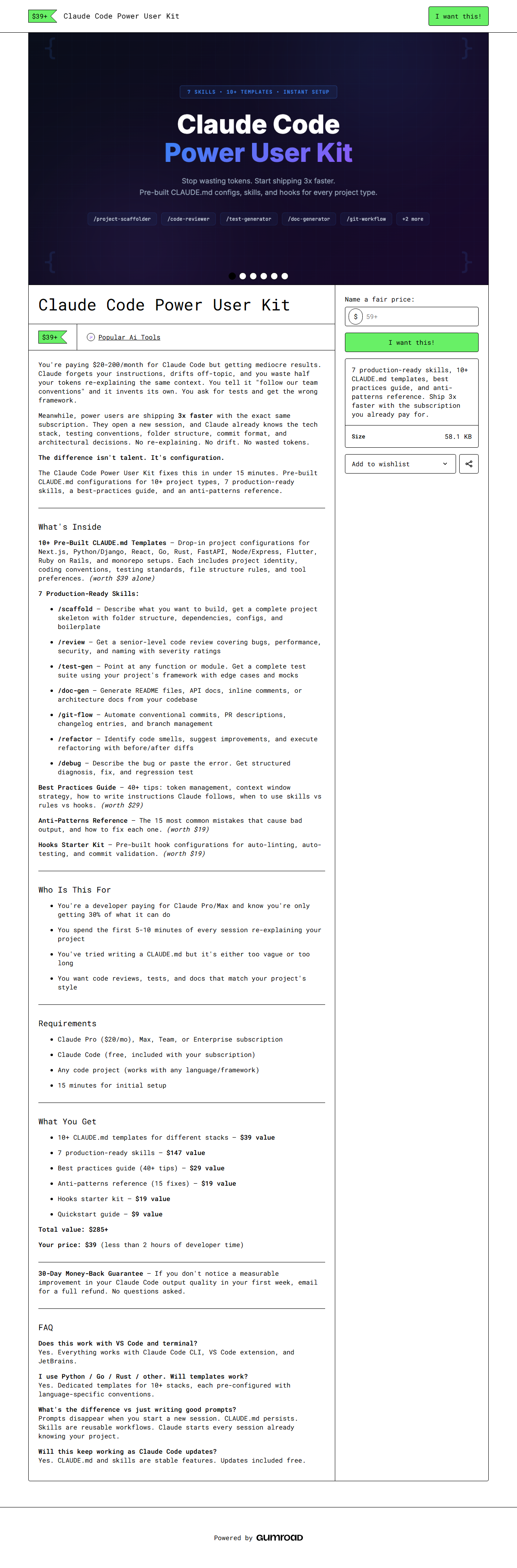 Claude Code Power User Kit — full Gumroad product page