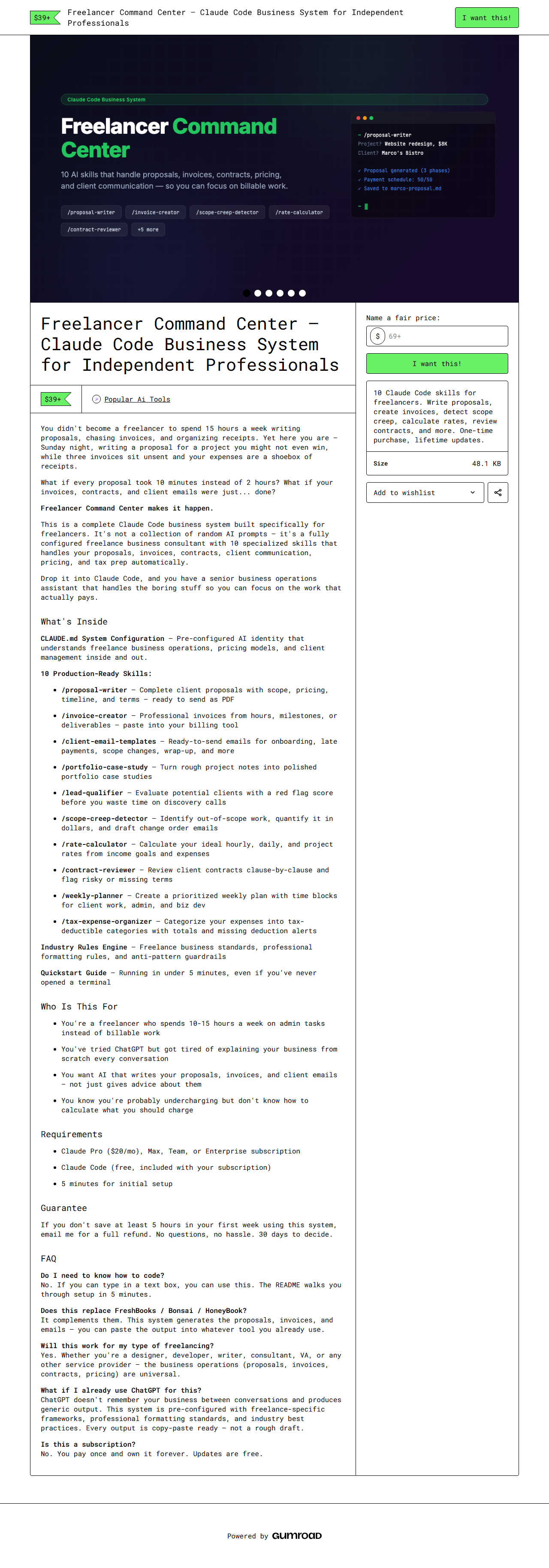 Freelancer Command Center — full Gumroad product page