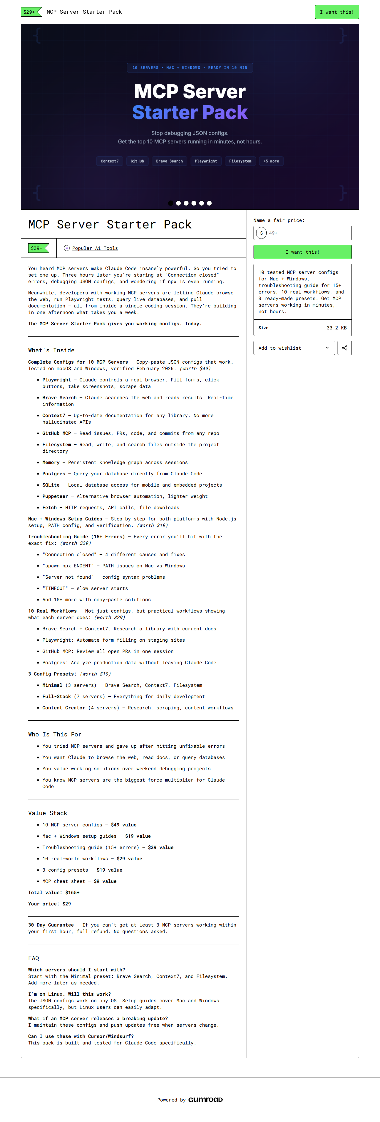 MCP Server Starter Pack — full Gumroad product page