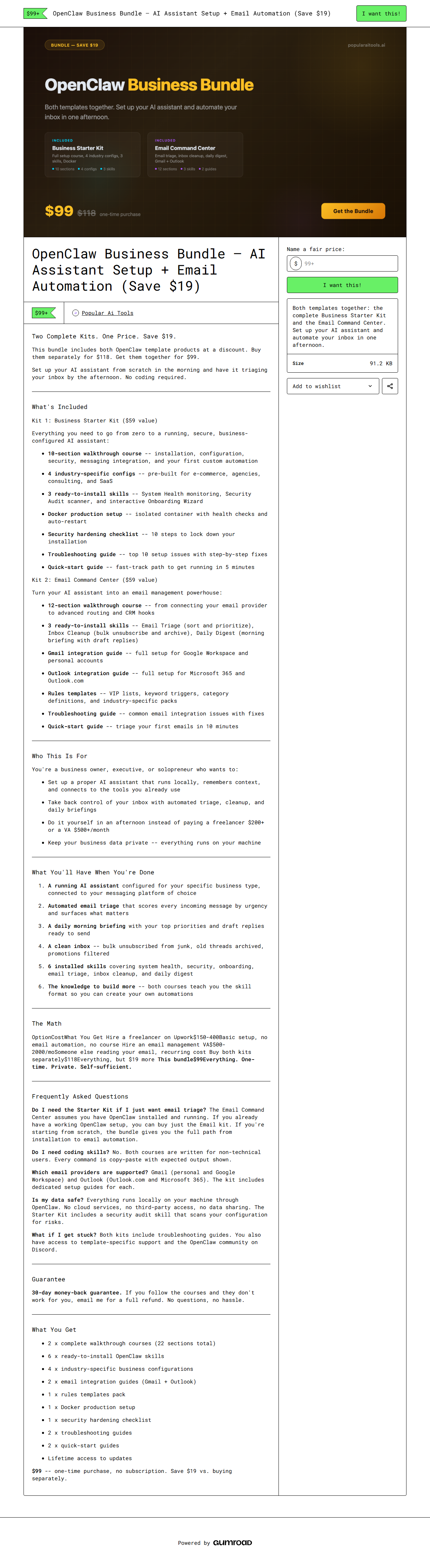 OpenClaw Business Bundle — full Gumroad product page