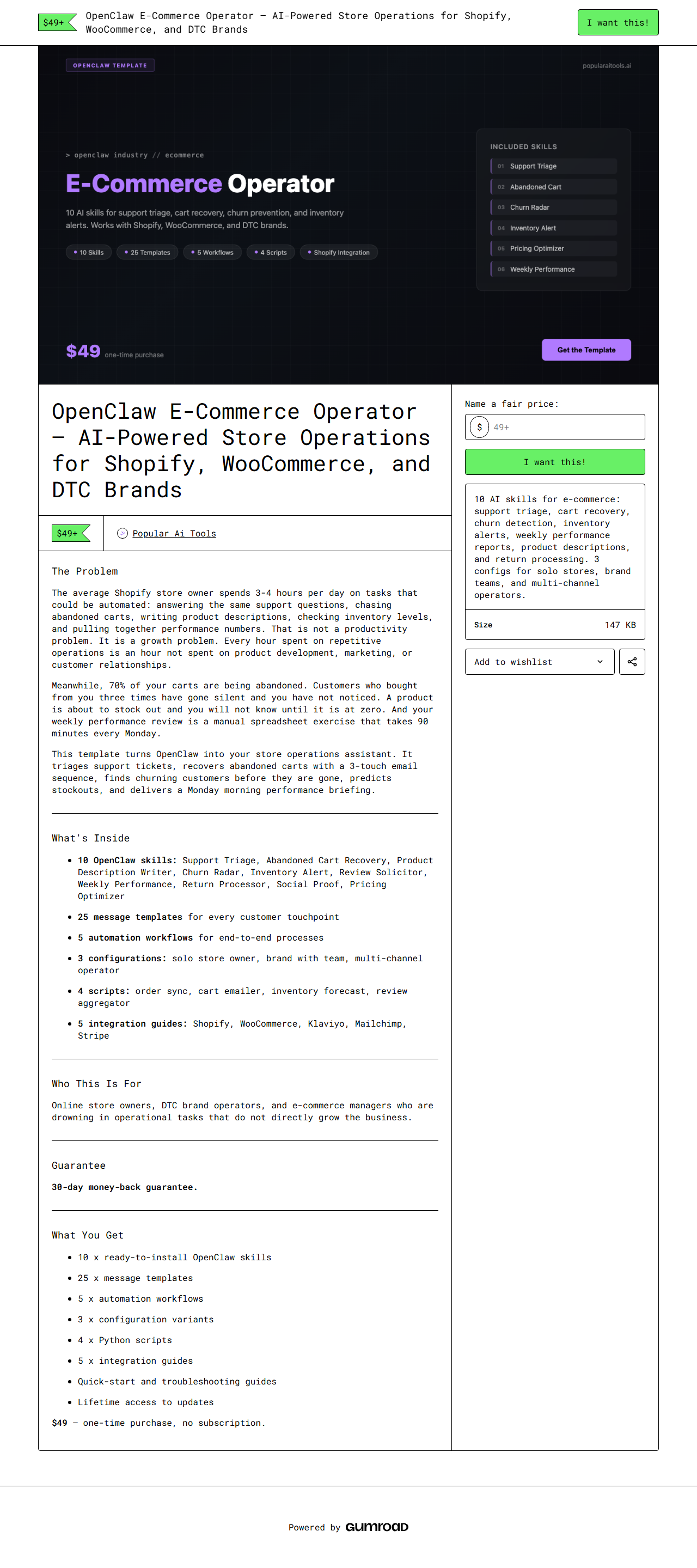 OpenClaw E-Commerce Operator — full Gumroad product page