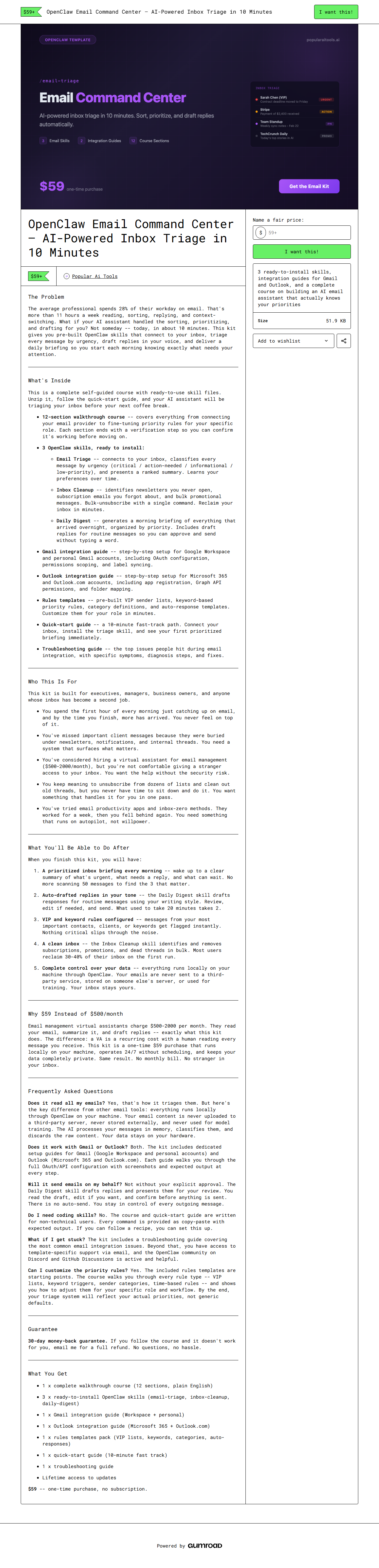 OpenClaw Email Command Center — full Gumroad product page