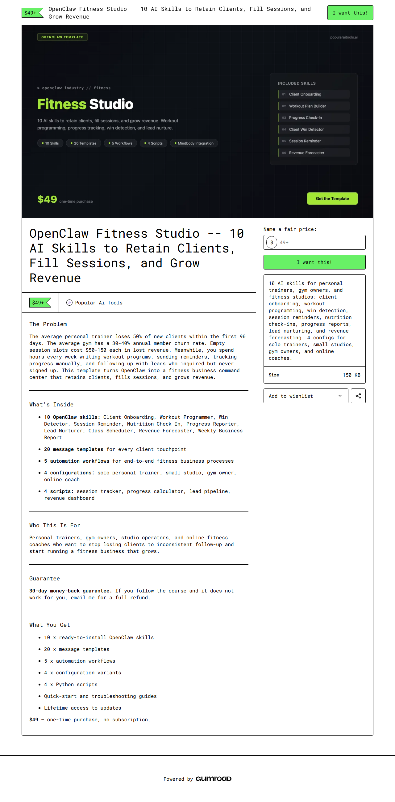 OpenClaw Fitness Studio — full Gumroad product page