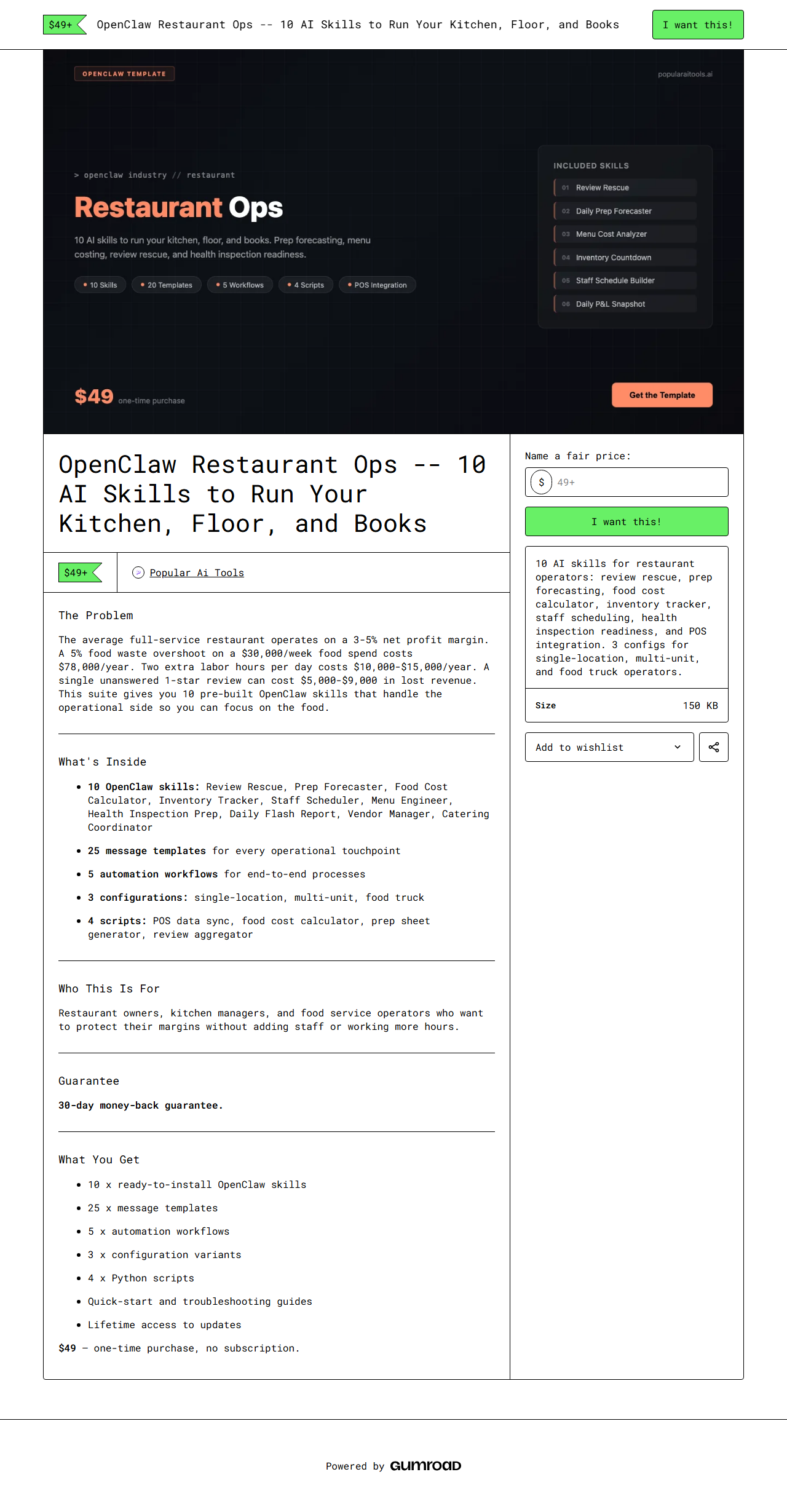 OpenClaw Restaurant Ops — full Gumroad product page