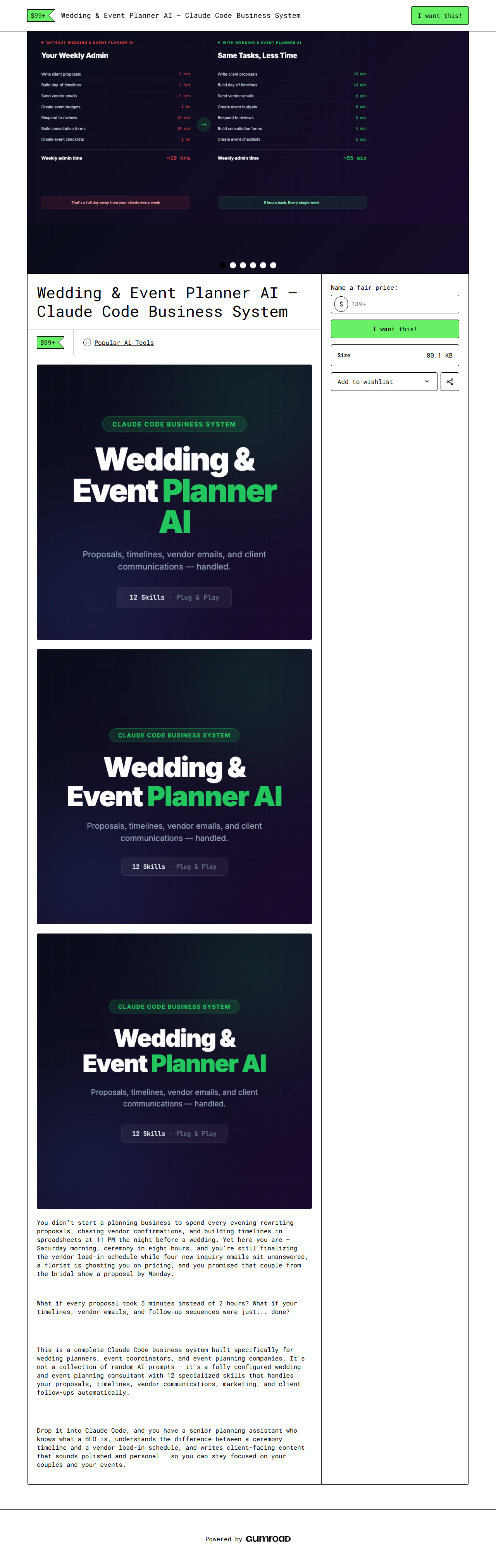 Wedding & Event Planner AI — full Gumroad product page