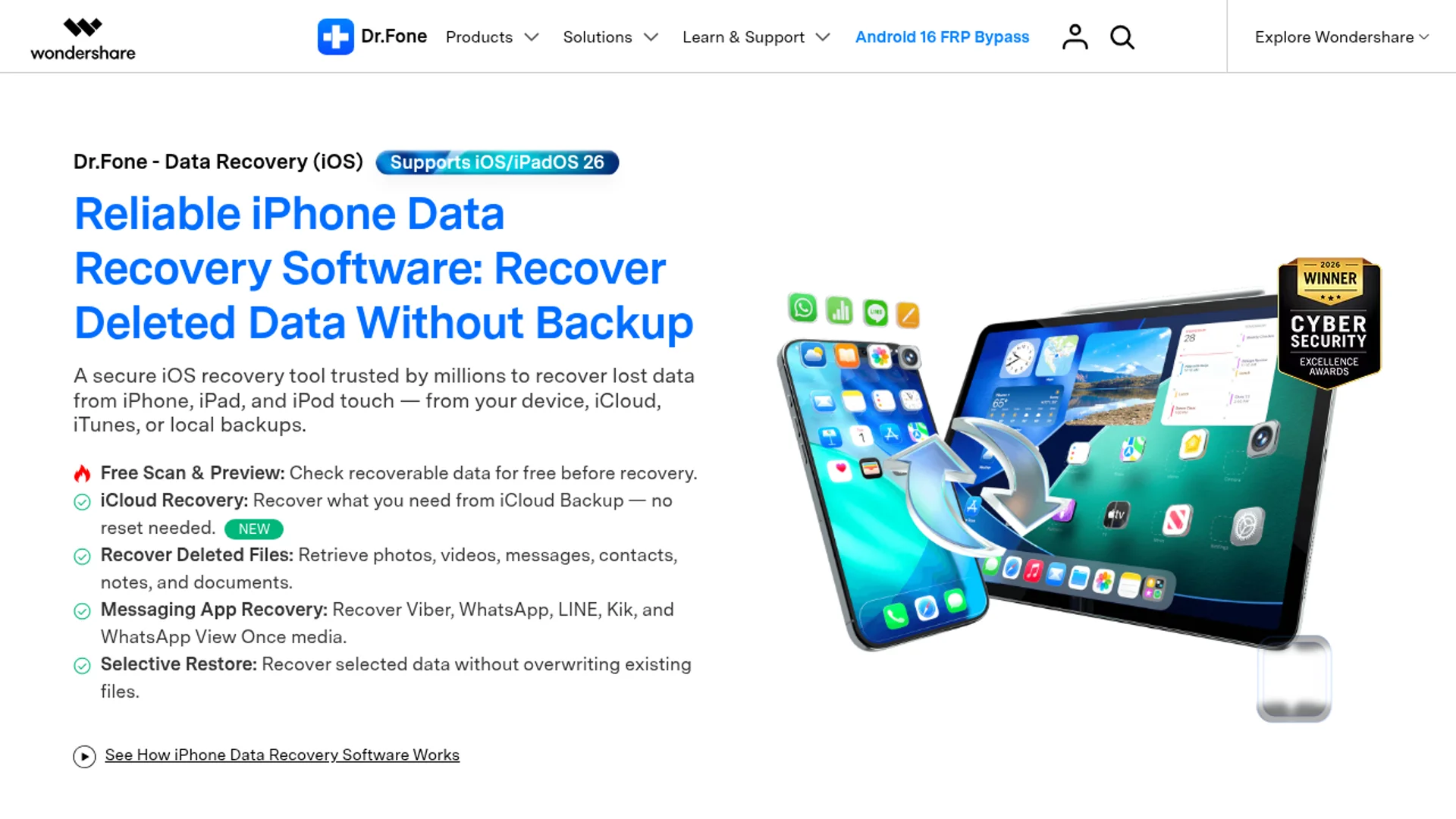 iPhone data recovery for deleted photos, messages, contacts, and app data via deep scan.
