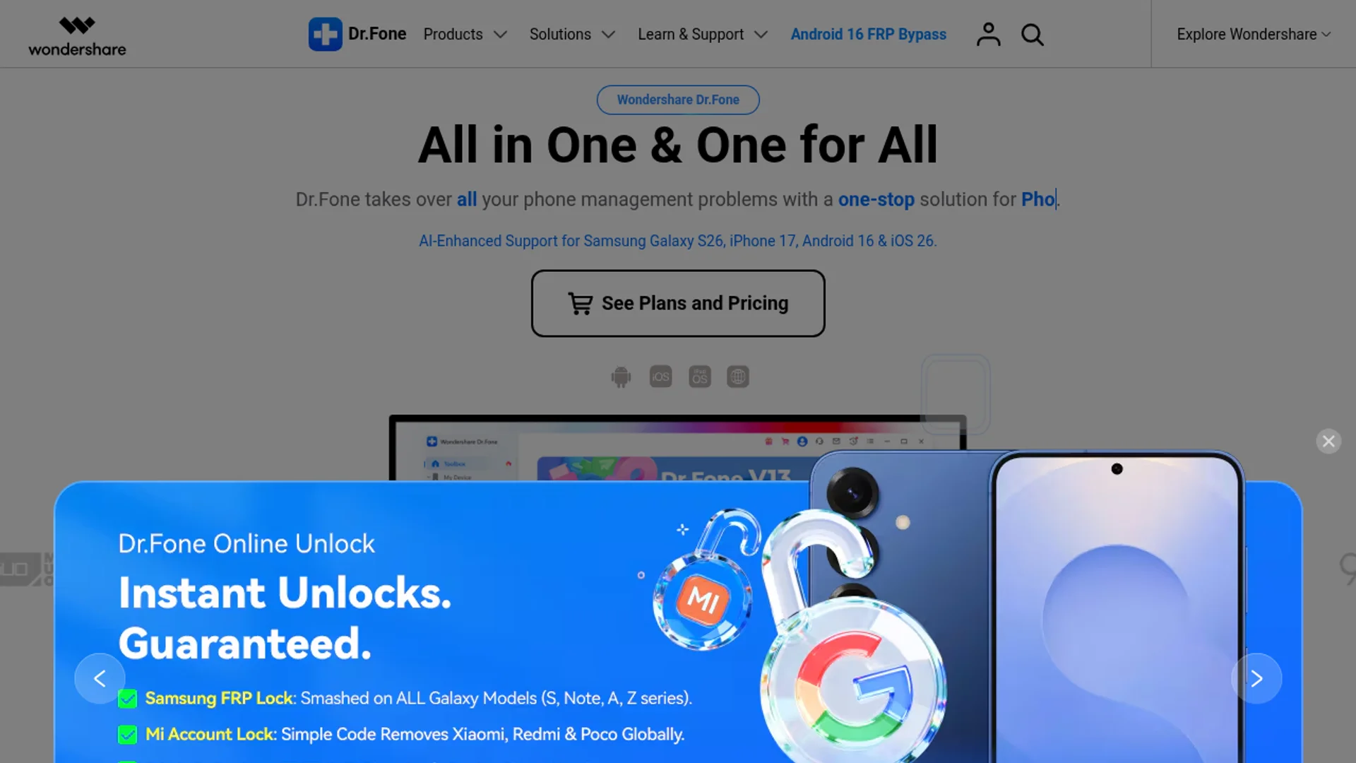 Dr.Fone homepage showing the AI-powered mobile toolkit and supported phone management workflows.