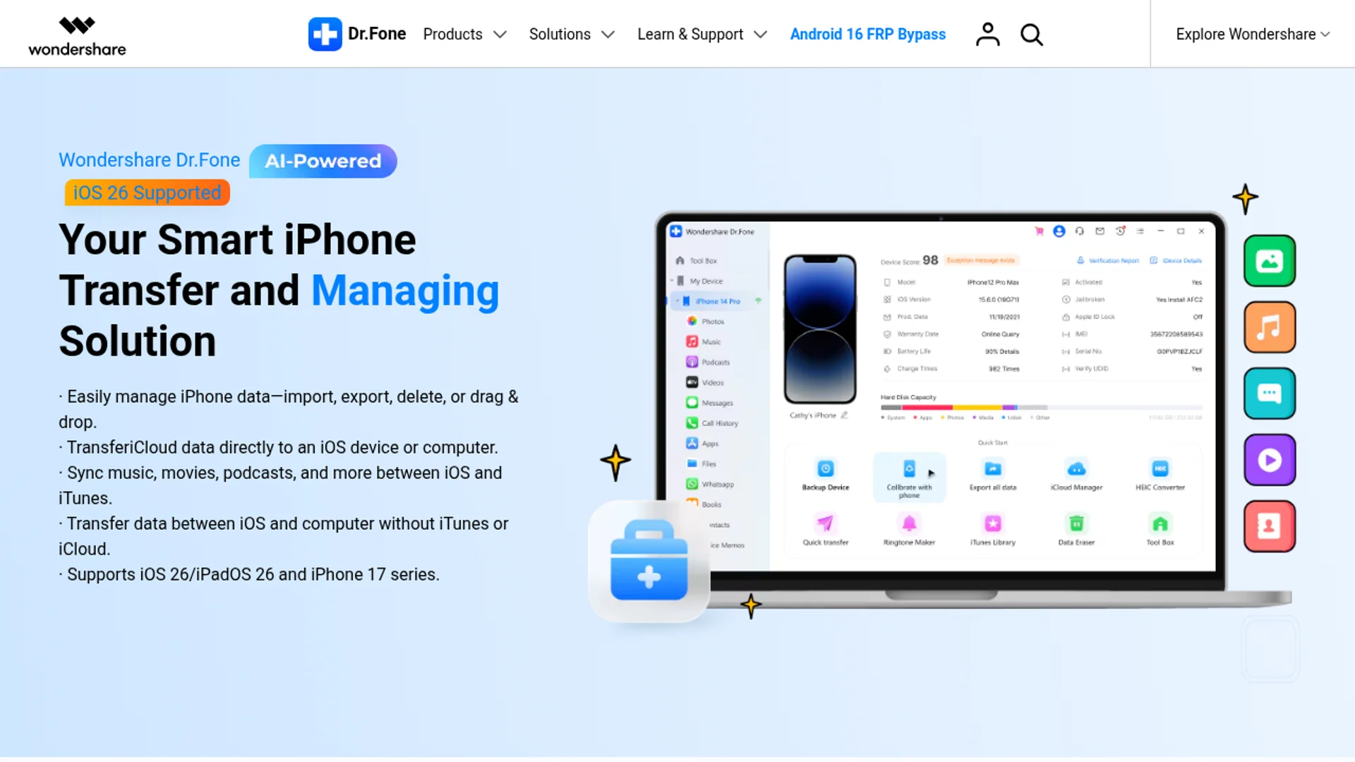 Phone Manager workflow for moving photos, contacts, music, and messages between iPhone and computer.