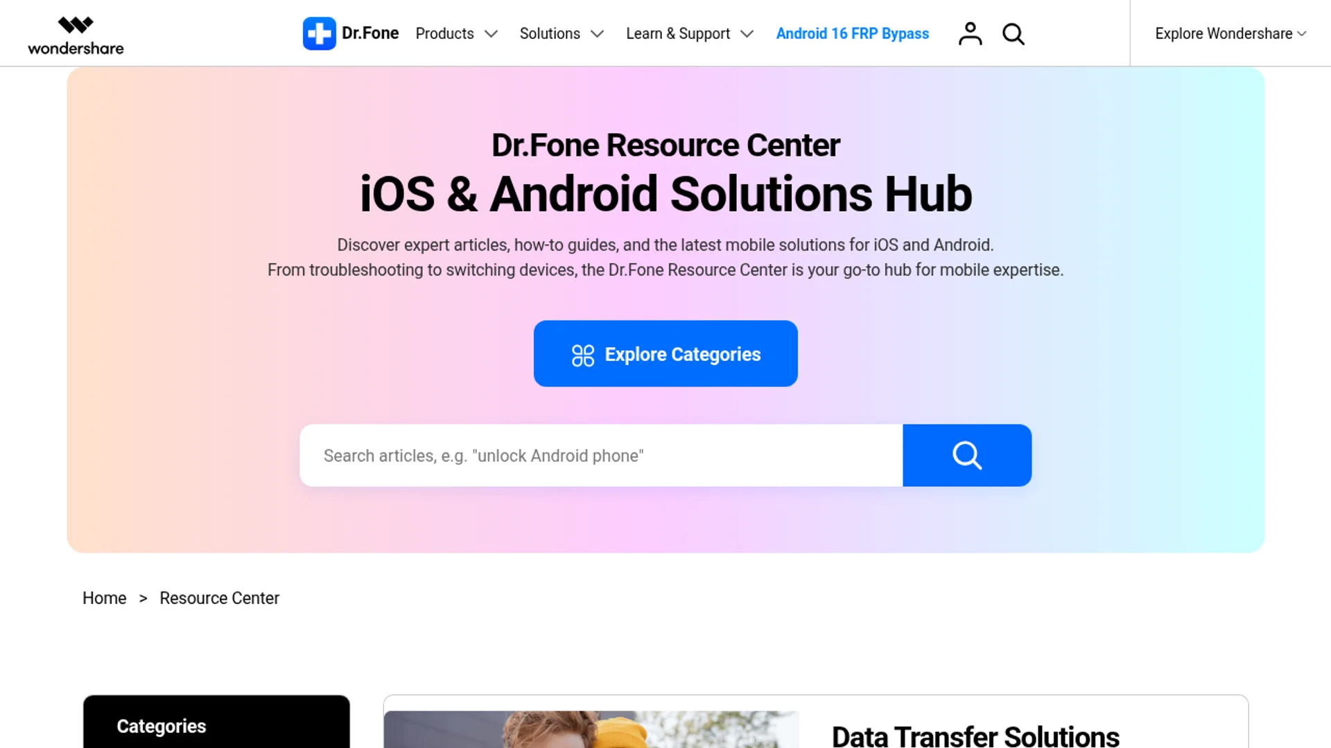 Dr.Fone Resource Center with tutorials, troubleshooting articles, and feature guides.