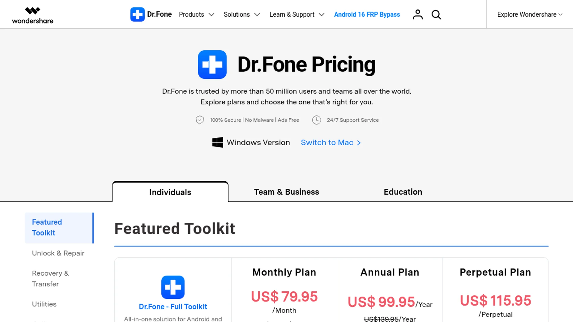 Dr.Fone purchase page with single-license, two-year, and lifetime tiers for Windows and Mac.