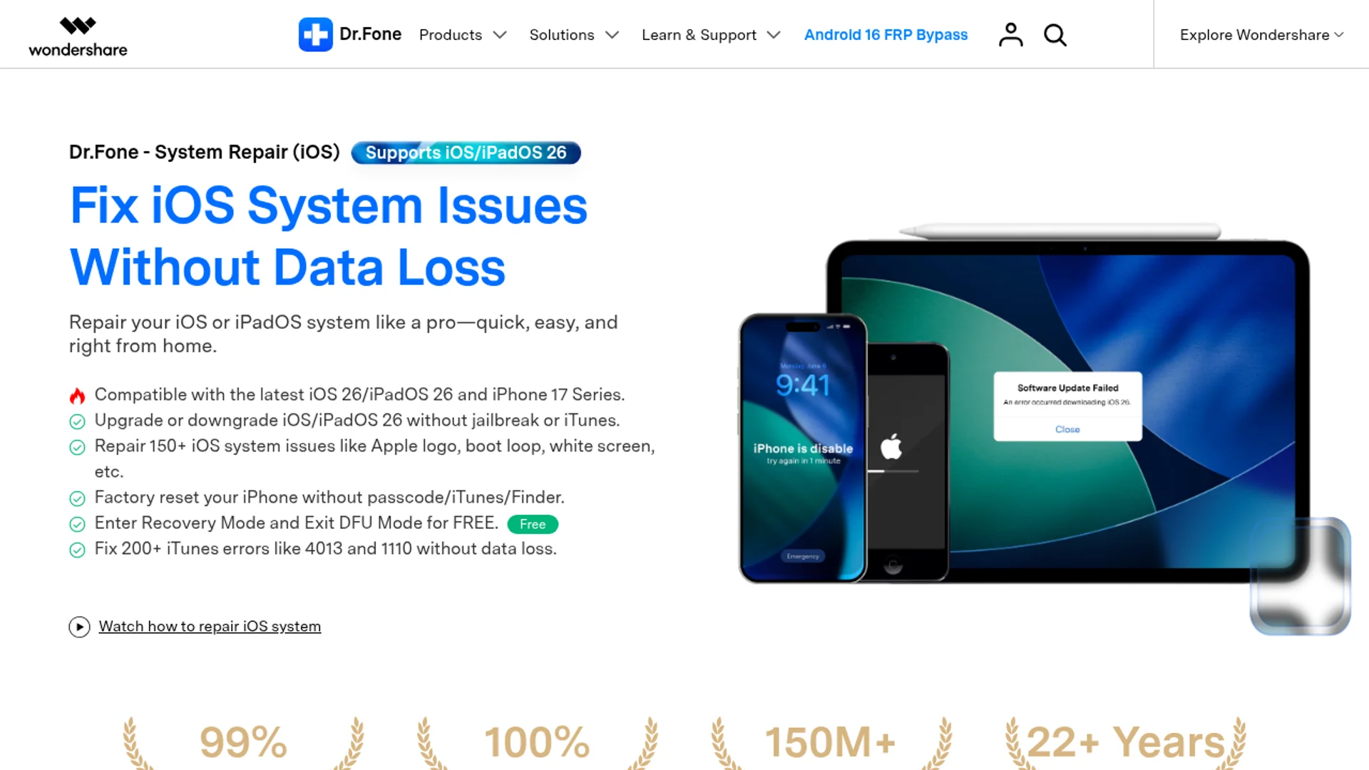 iOS System Repair with standard and advanced modes for boot loops and update failures.