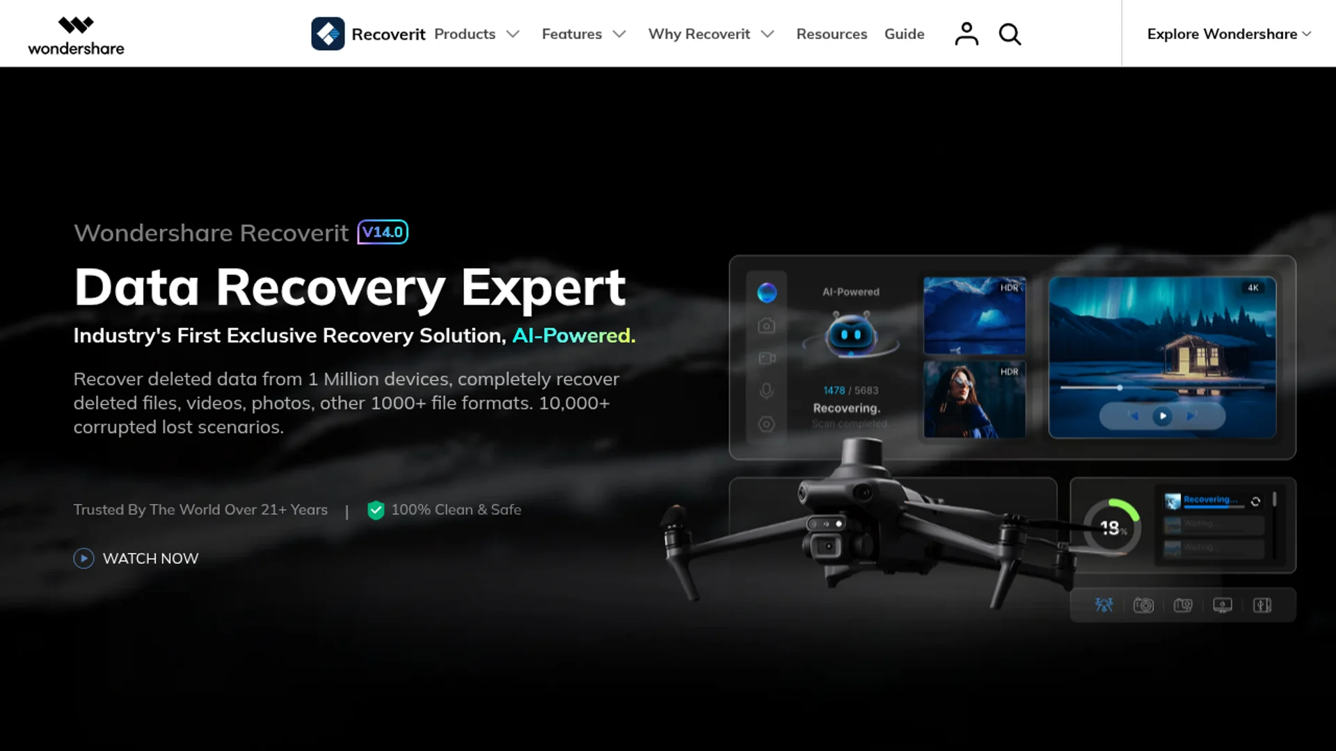 Wondershare RecoverIt homepage with the main recovery interface and supported scenarios.