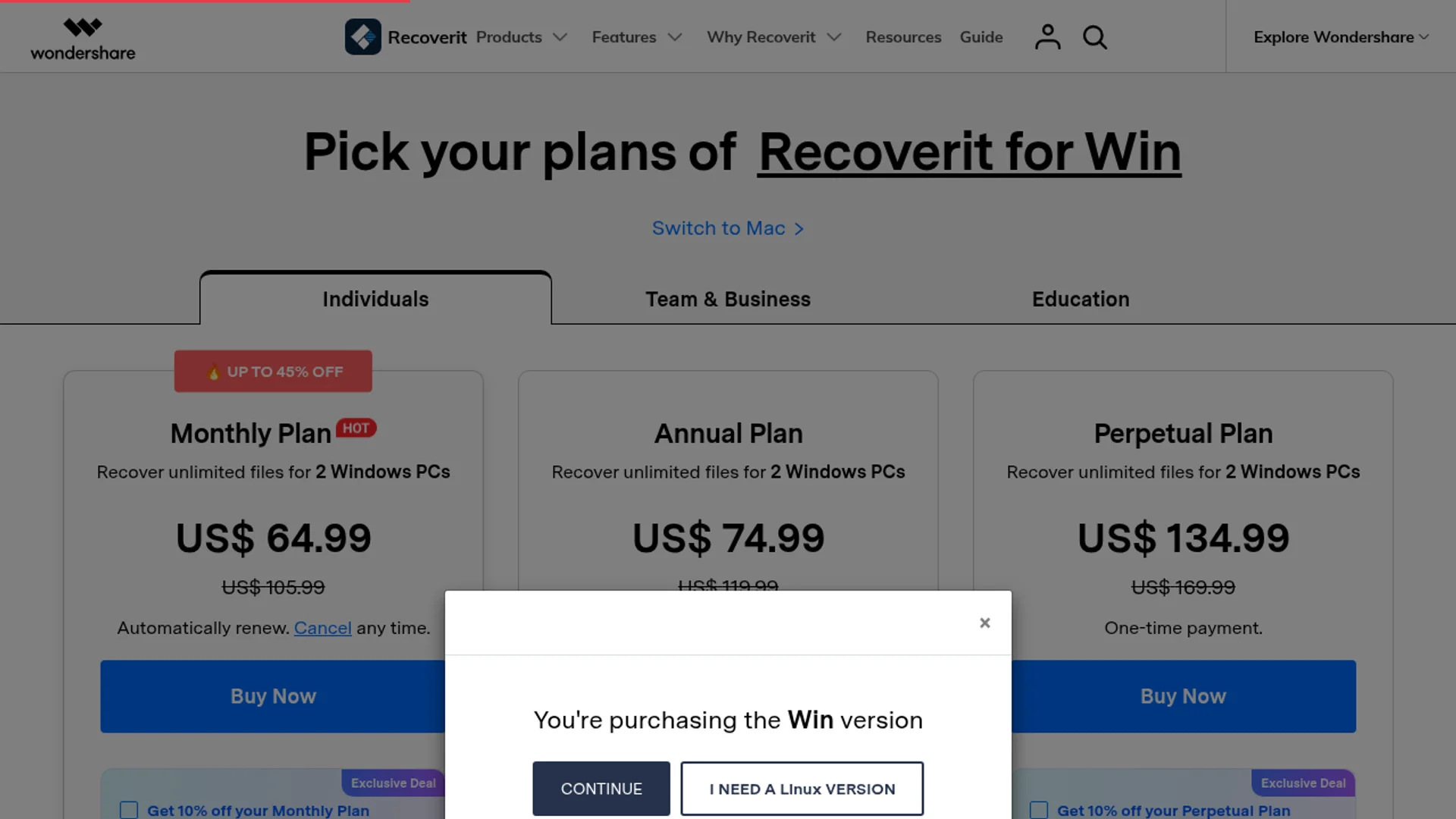 RecoverIt purchase page with Essential, Standard, Premium, and team licenses.