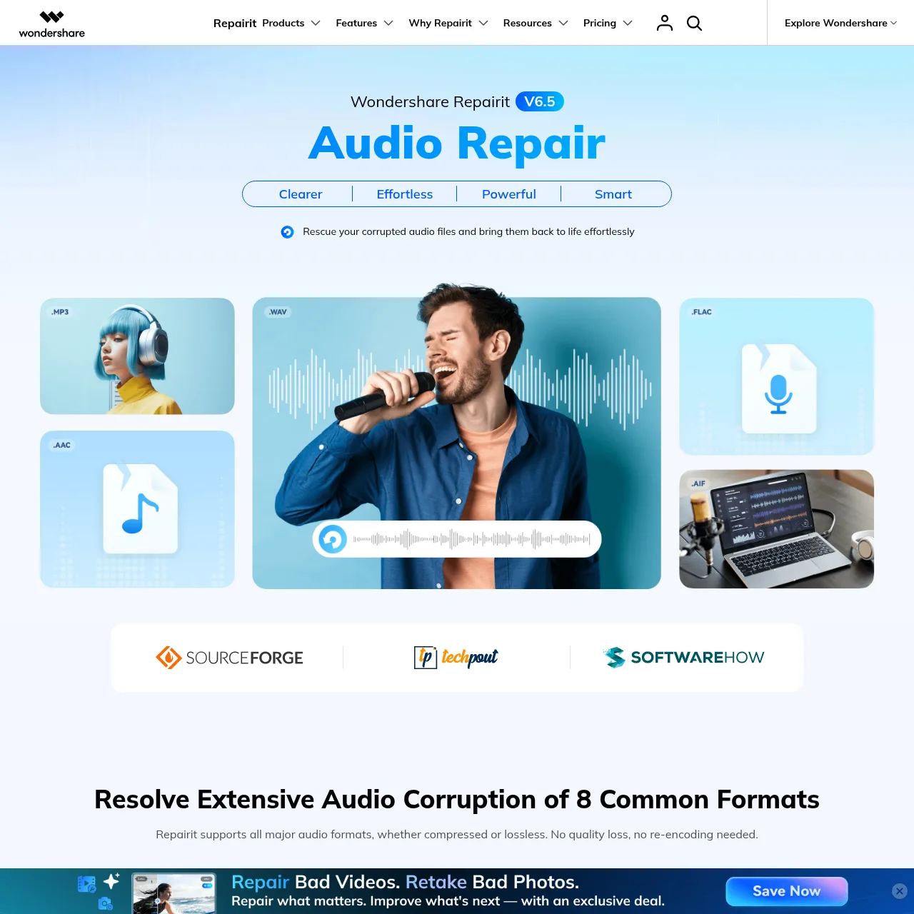 Audio Repair restores damaged MP3, M4A, WAV, AAC, and FLAC files.