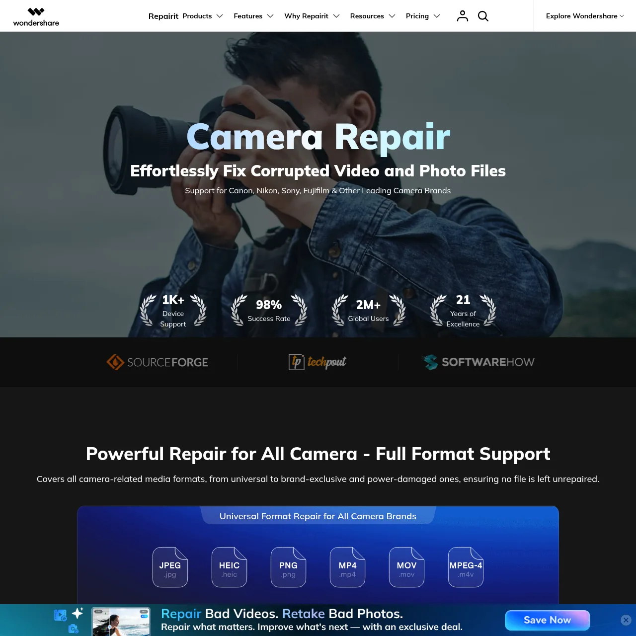 Camera Data Repair supports Canon, Sony, Nikon, Fujifilm, GoPro, DJI, and more.