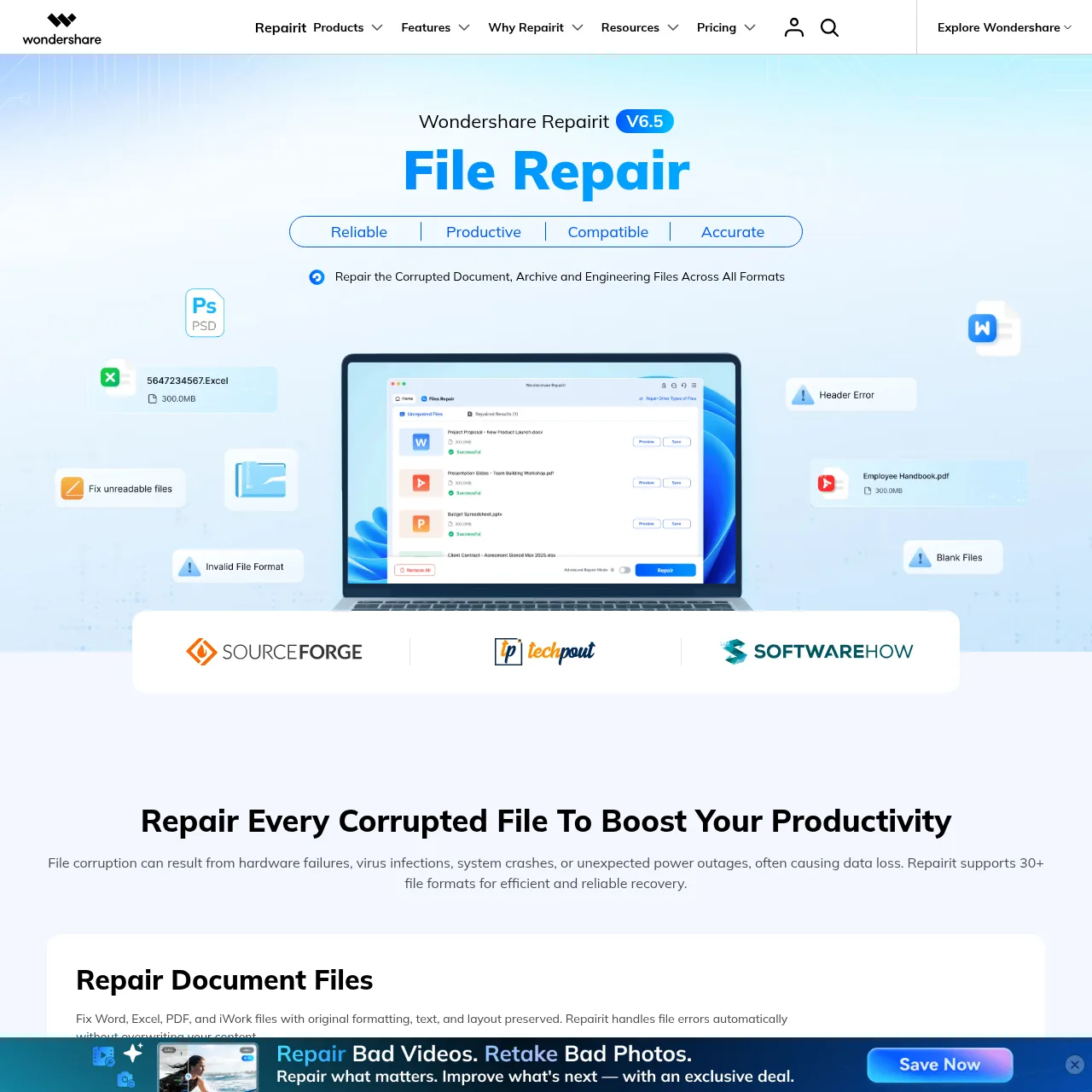 File Repair module supports Word, Excel, PowerPoint, PDF, ZIP, RAR, and more.