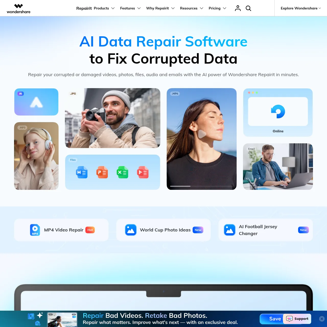 Repairit homepage showing the AI-powered repair toolkit for video, photo, file, and audio.