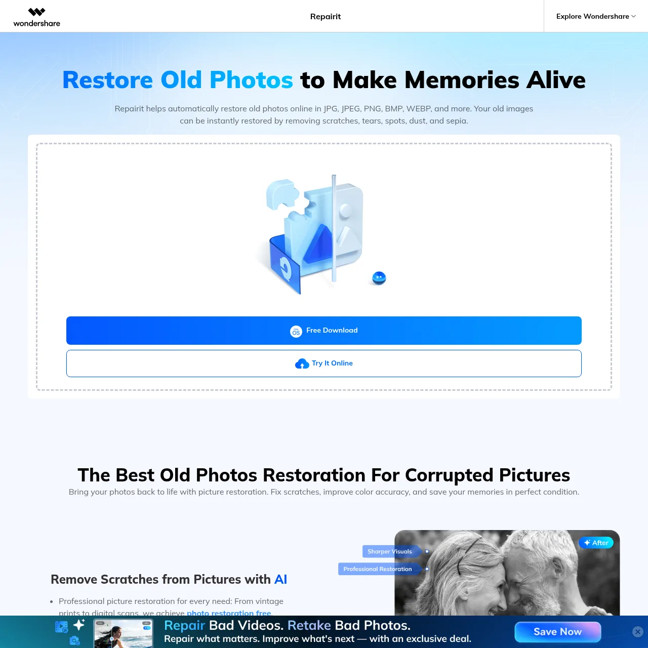 Old Photo Restoration revives scratched, faded, or damaged historical prints.