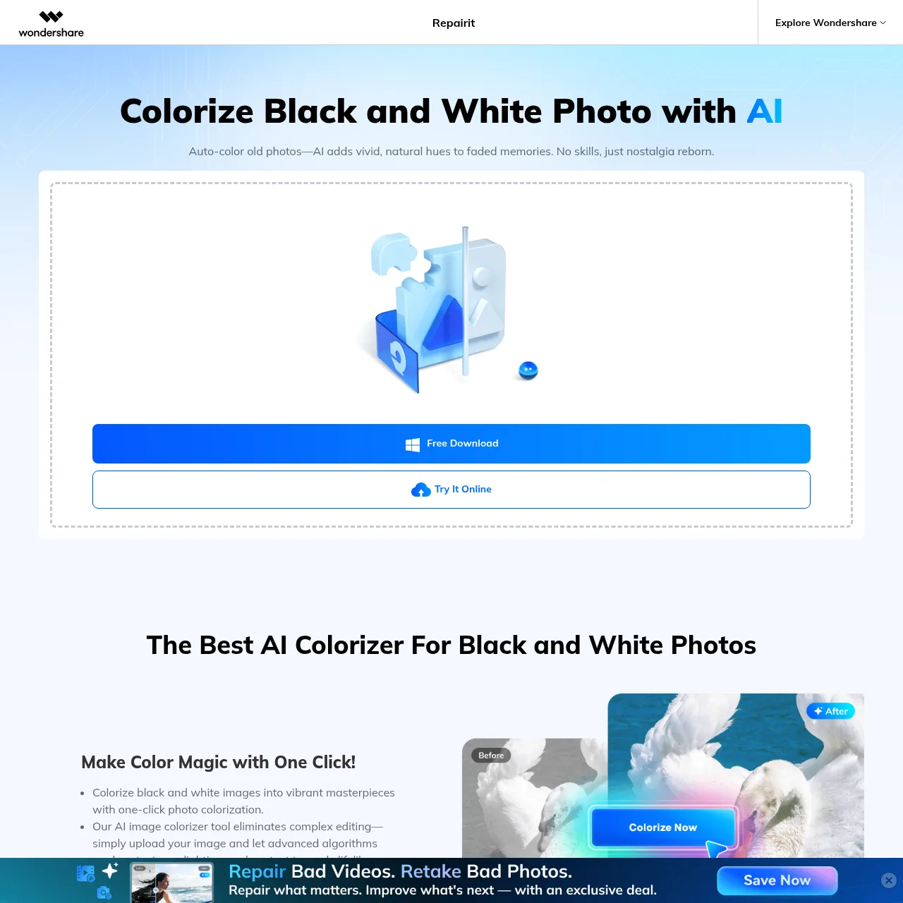 AI Photo Colorizer turns black-and-white photos into vibrant colour with one click.