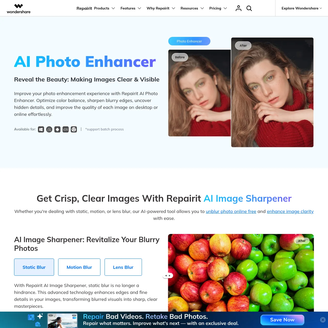 AI Photo Enhancer sharpens details, enhances colours, reduces noise.