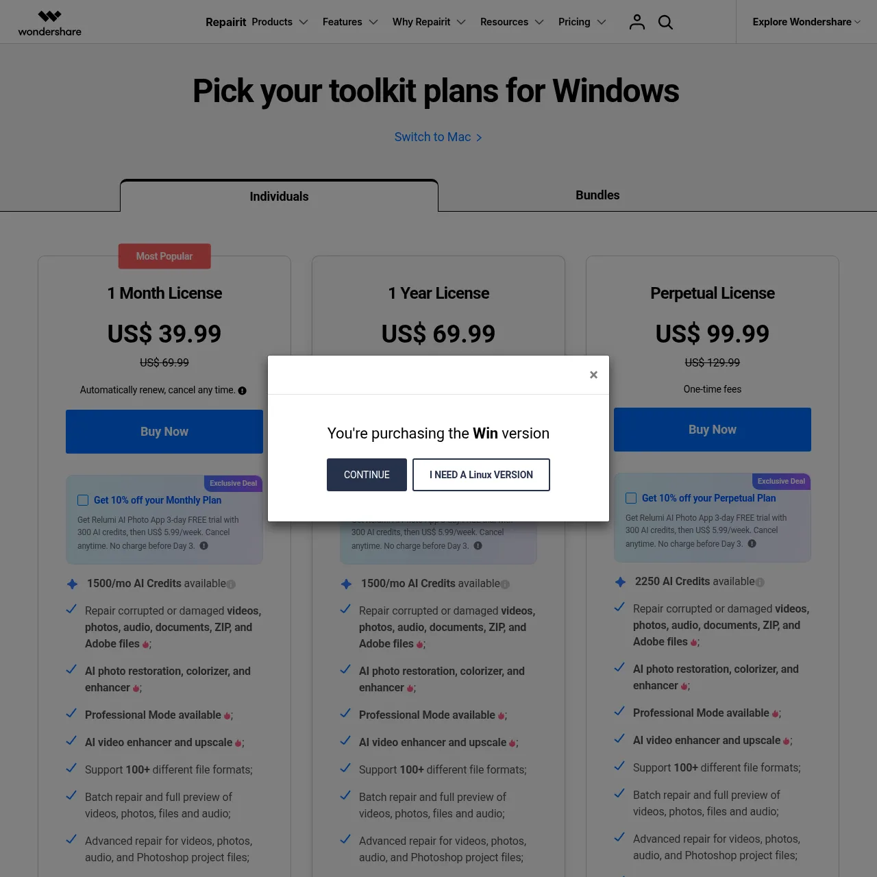 Repairit purchase page with monthly, annual, and perpetual tiers for Windows and Mac.