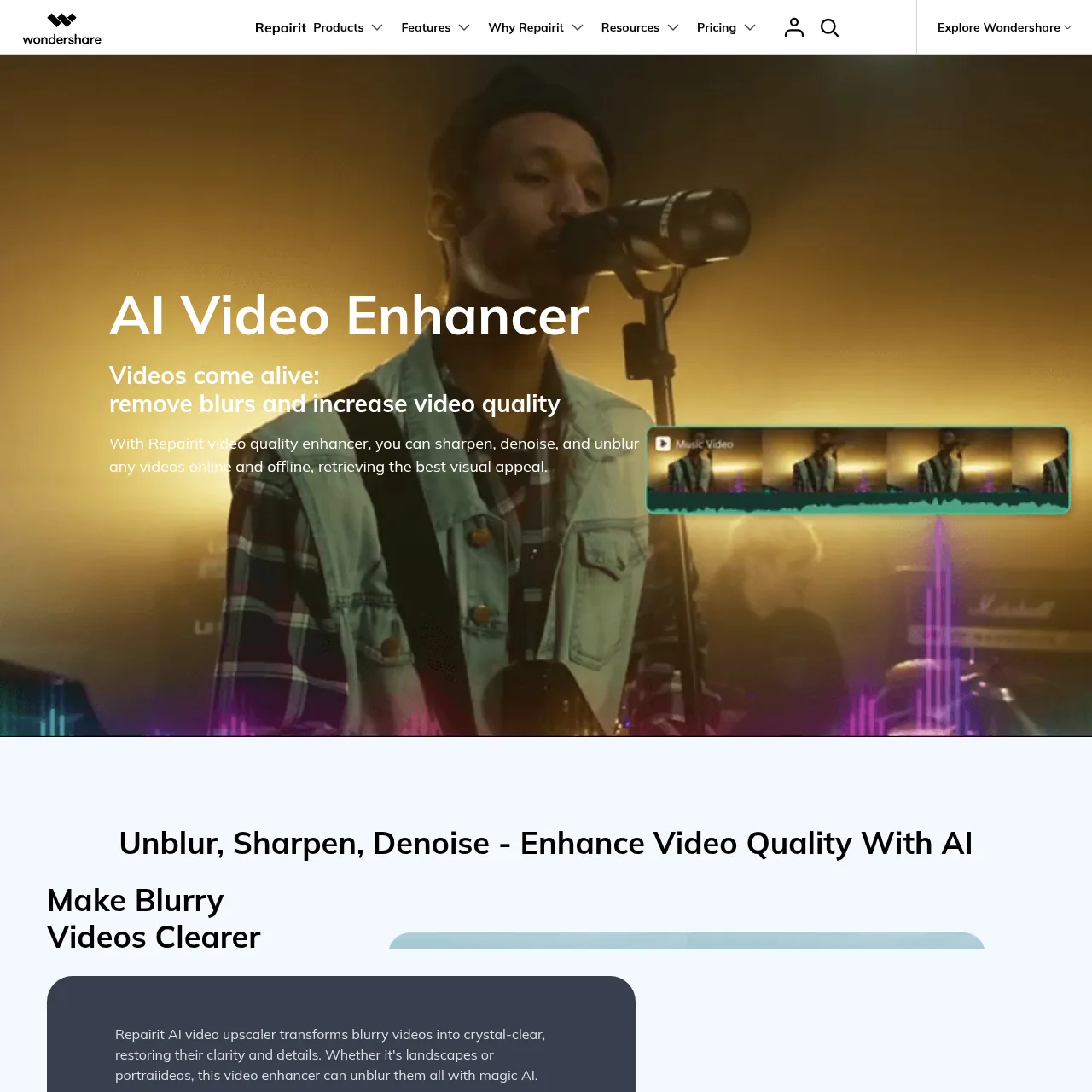 AI Video Enhancer upscales and de-noises footage with neural-network processing.