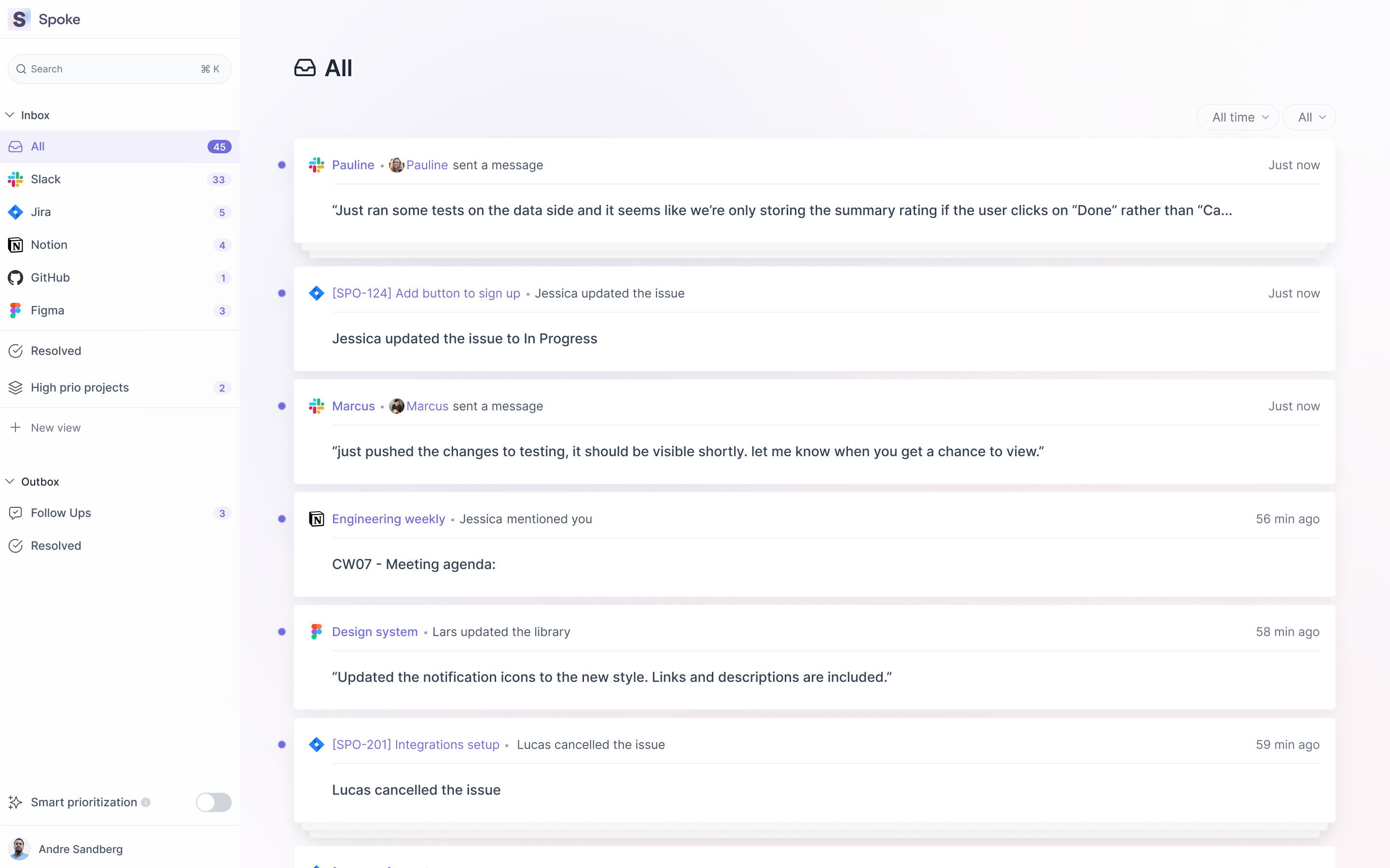 Spoke.ai dashboard showcasing its AI-driven features for Slack communication.