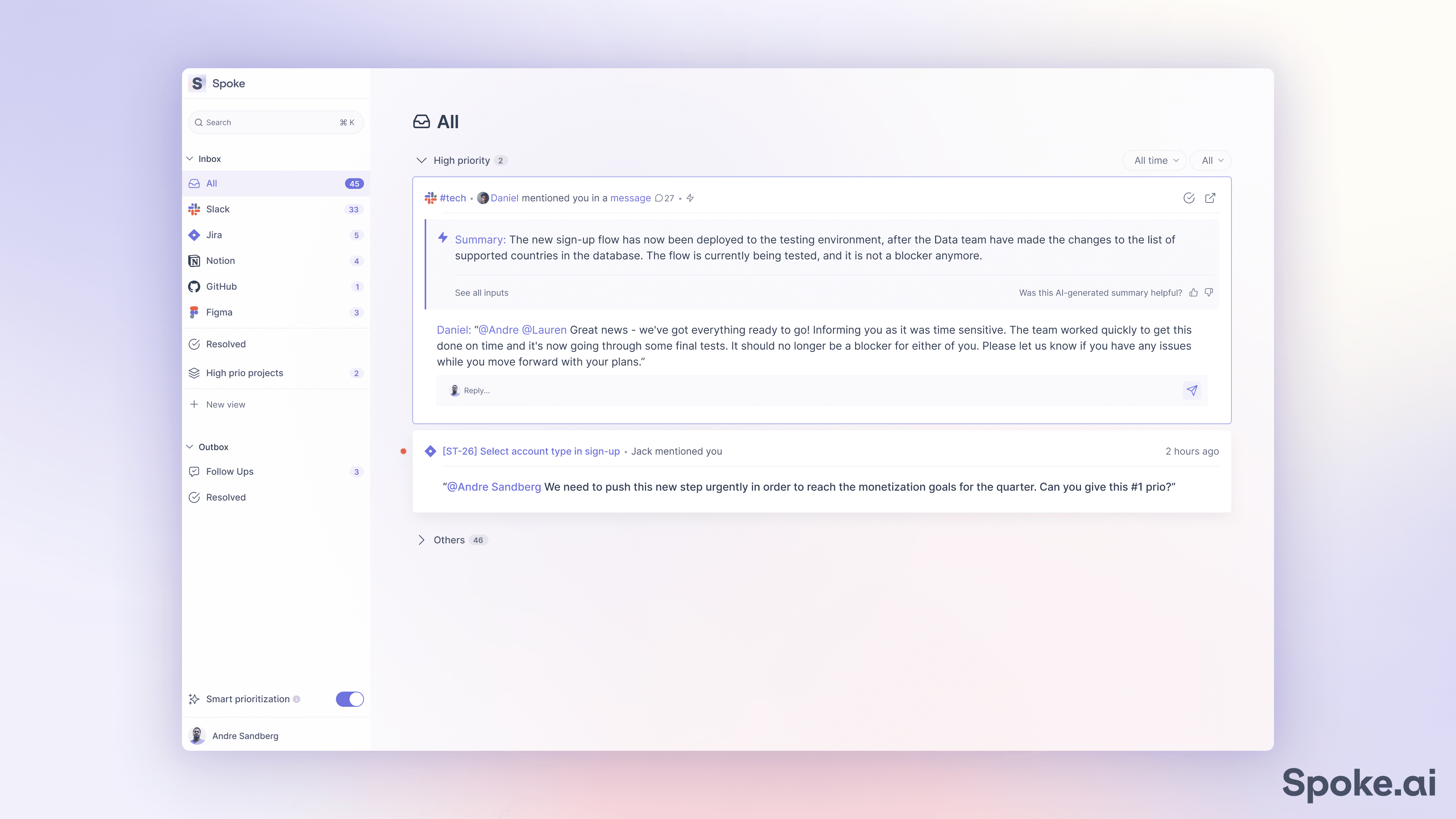 A diverse team of professionals discussing a project on Slack with Spoke