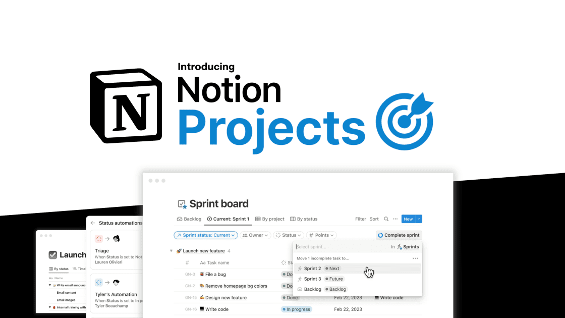 Notion Projects interface showcasing AI integration.