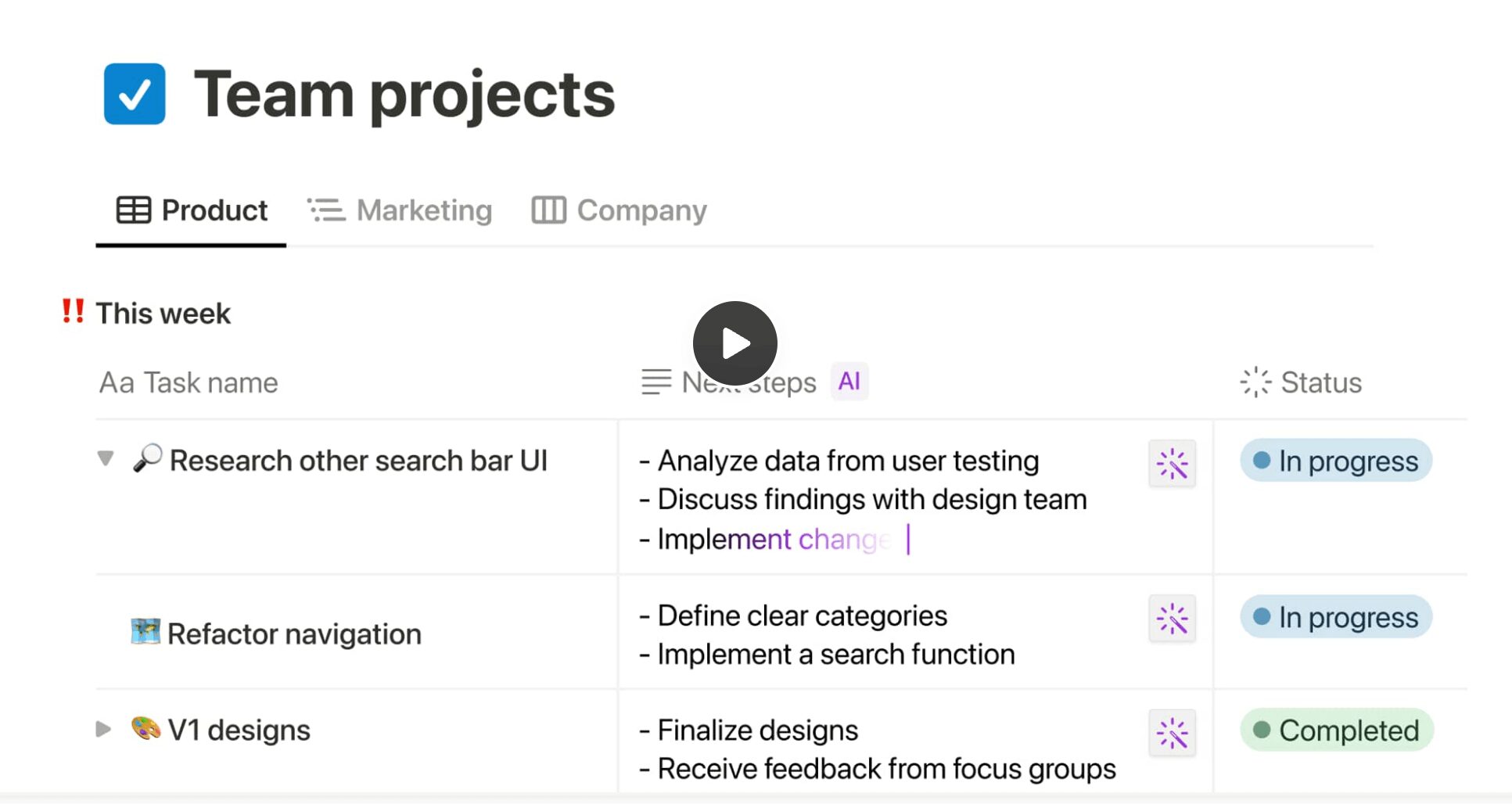 Notion Projects interface showcasing AI integration.