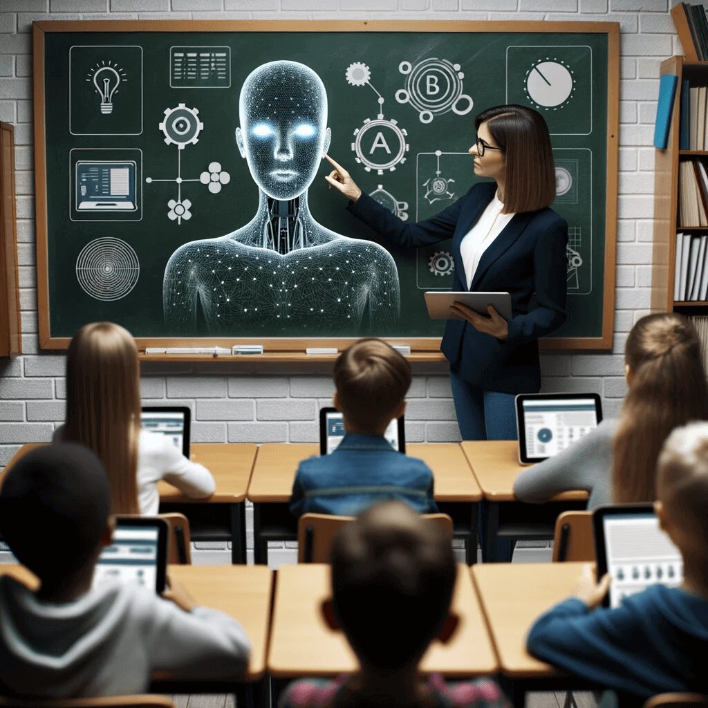Artistic illustration of a state-of-the-art classroom displaying holographic lessons, robots assisting learners, and students utilizing AI-driven gadgets, all set against the nostalgia of a black chalkboard.