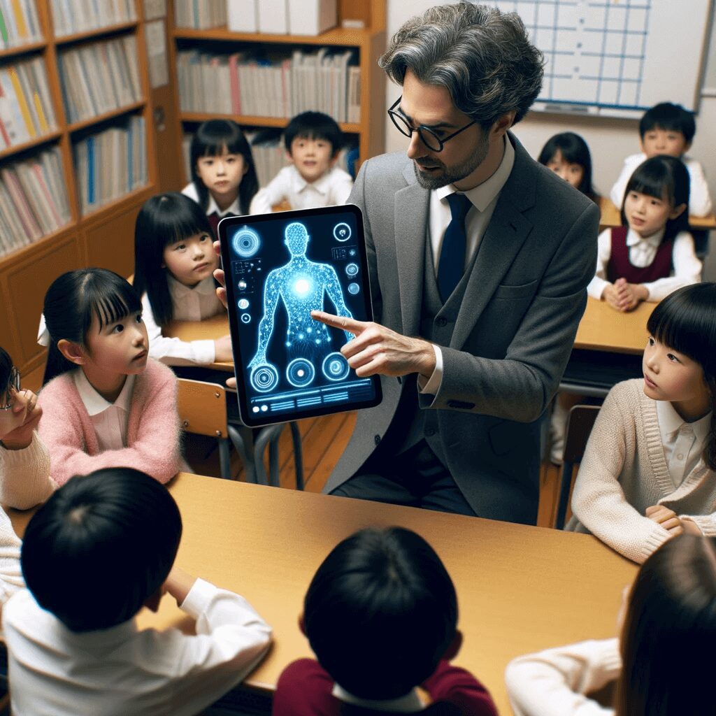 Group of diverse students wearing VR headsets in a classroom, deeply engrossed in a 3D learning experience, with a classic blackboard visible behind them.