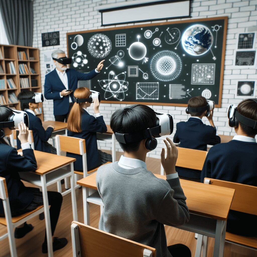 Modern educational setting featuring students and a teacher actively engaged with an AI-powered interactive whiteboard, juxtaposed against a traditional classroom backdrop.