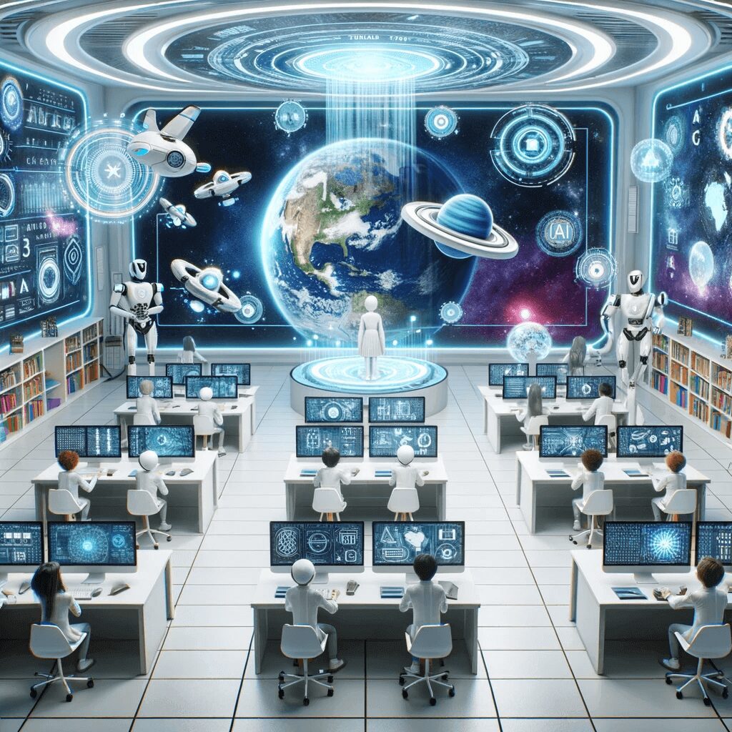 Focused teacher showcasing an AI-driven educational app on a tablet to attentive students, with the time-honored blackboard serving as the backdrop.