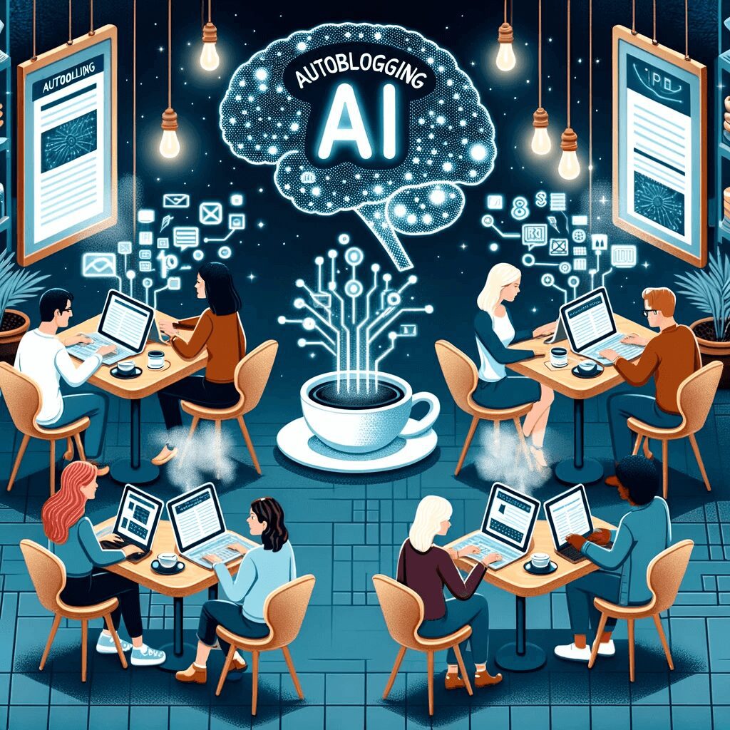 image visualizes a coffee shop environment where individuals are surrounded by the power of "Autoblogging AI", with each device showcasing automated blog content. The ambiance merges the casual setting of a coffee shop with the cutting-edge capabilities of AI in content creation.