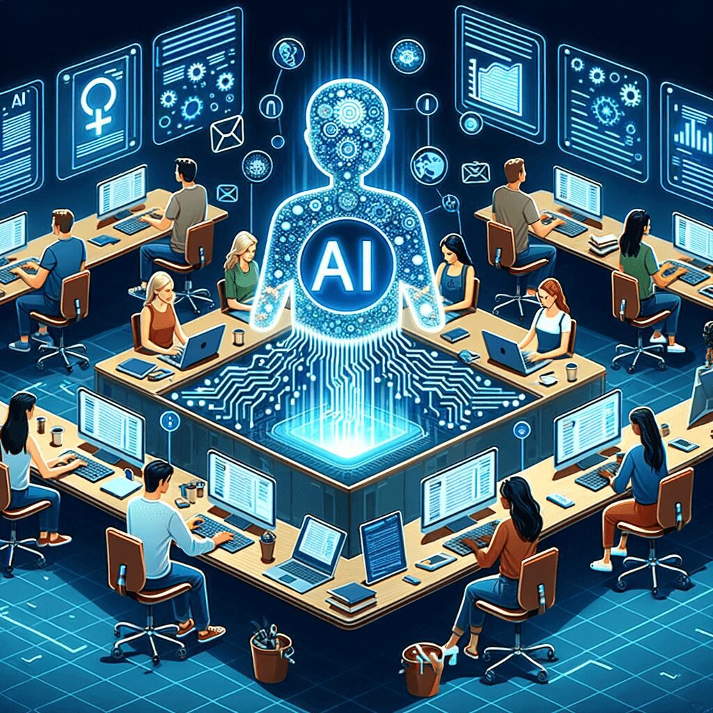 image showcases a modern digital office space with bloggers actively working on their laptops, all under the guidance of the "Autoblogging AI", which automates the blog creation process.