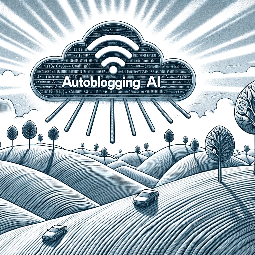 image presents a digital landscape, with elements representing the world of blogging, all under the transformative influence of "Autoblogging AI"