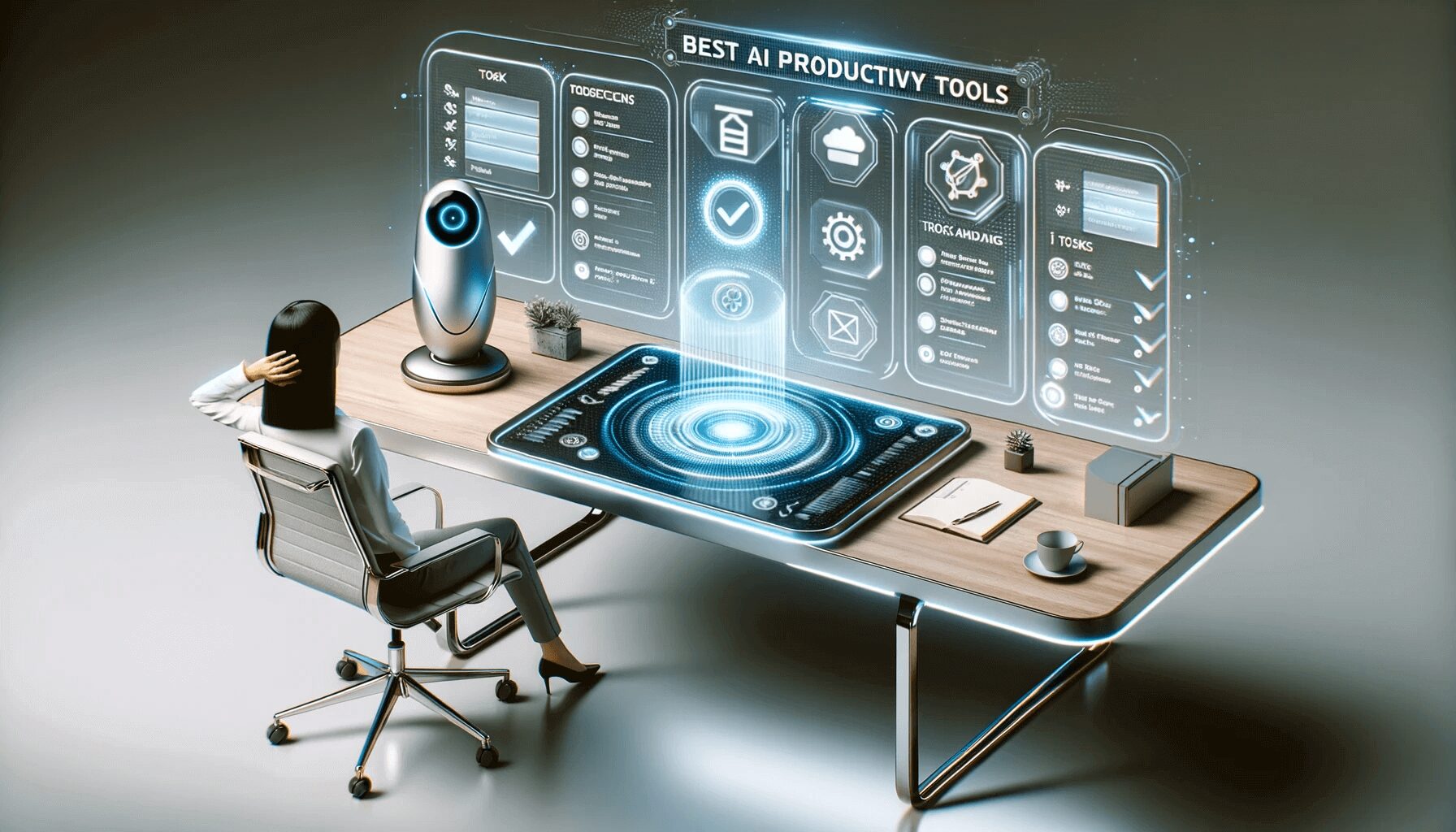 Modern workspace with AI productivity software interface on a computer screen.