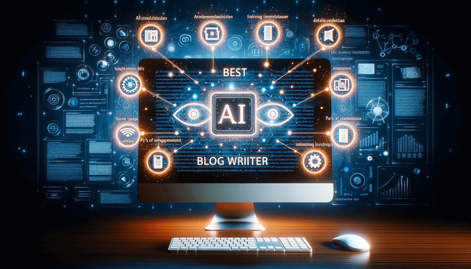 Illustration of a computer with AI software for blog writing.