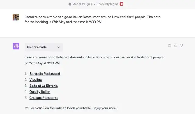 OpenTable ChatGPT Plugin Use Case example