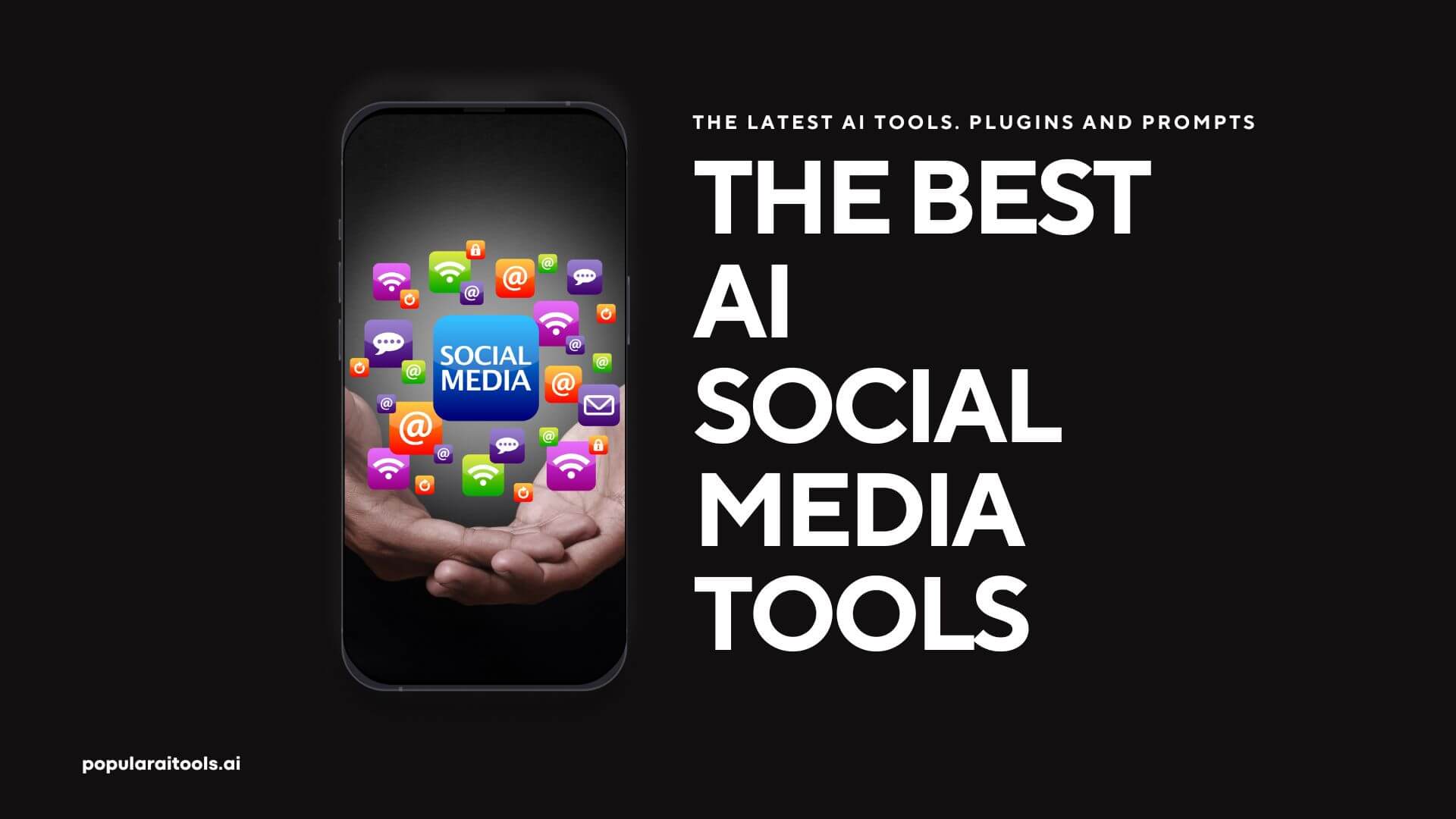 Collage image showcasing the logos of the 9 best AI tools for social media management, content creation, and growth in 2023.