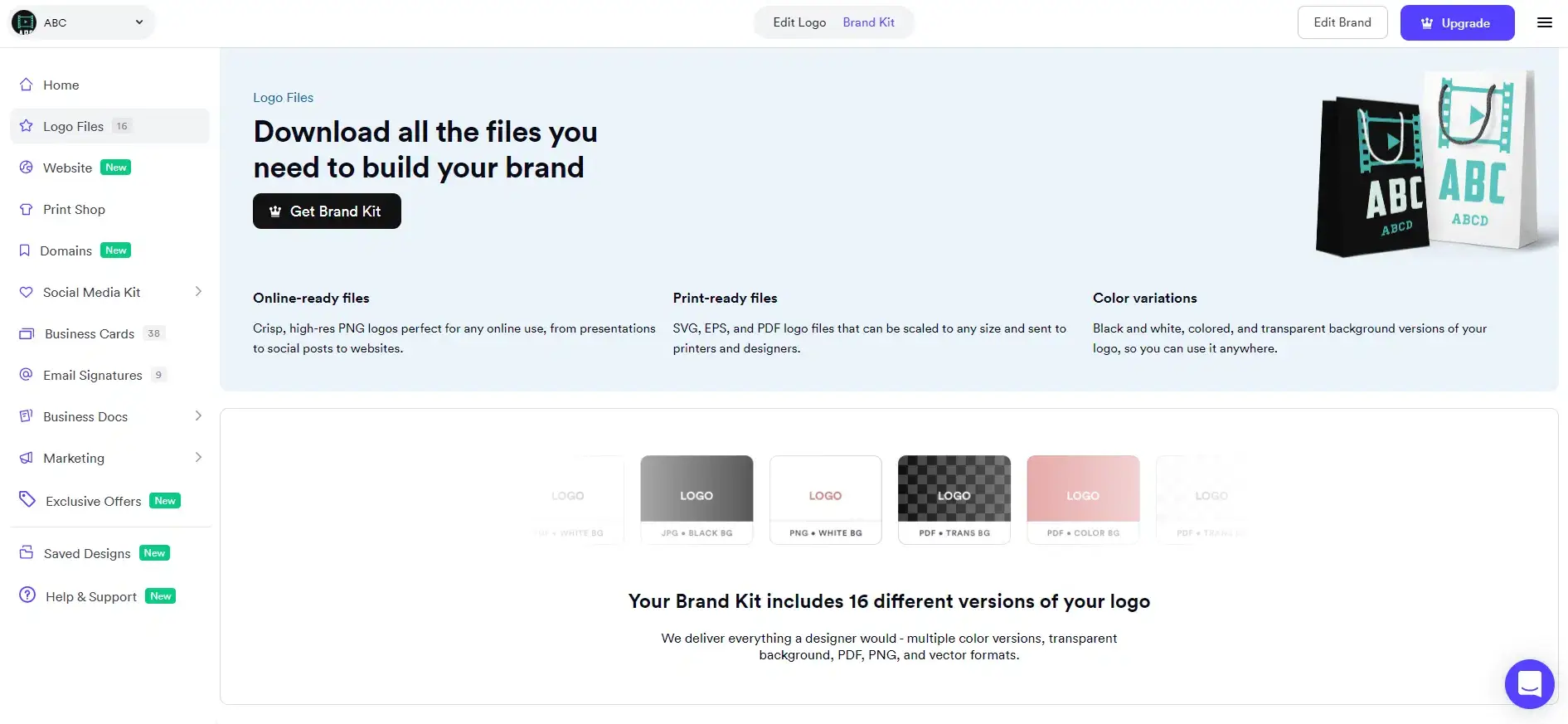 Looka Brand Kit with business card and social media templates.