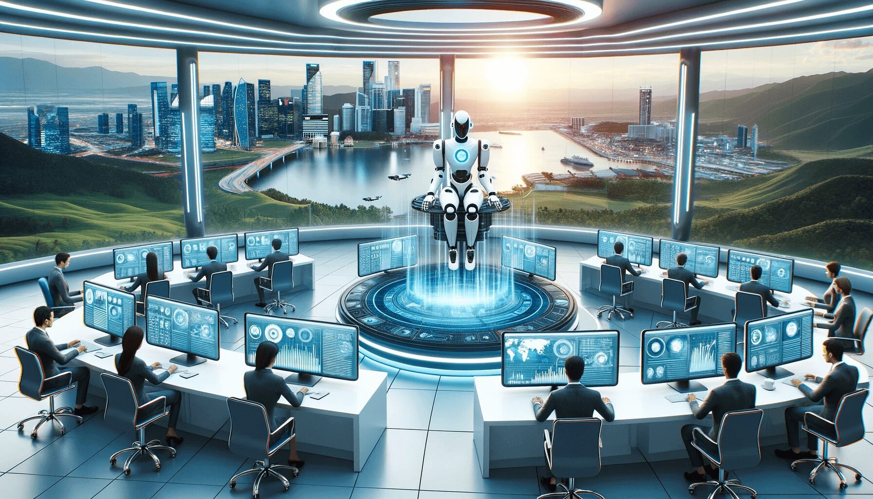 A forward-thinking newsroom where AI robots, equipped with touchscreens that display news analytics, collaborate seamlessly with journalists using cutting-edge tech tablets, emphasizing the synergy between humans and machines.